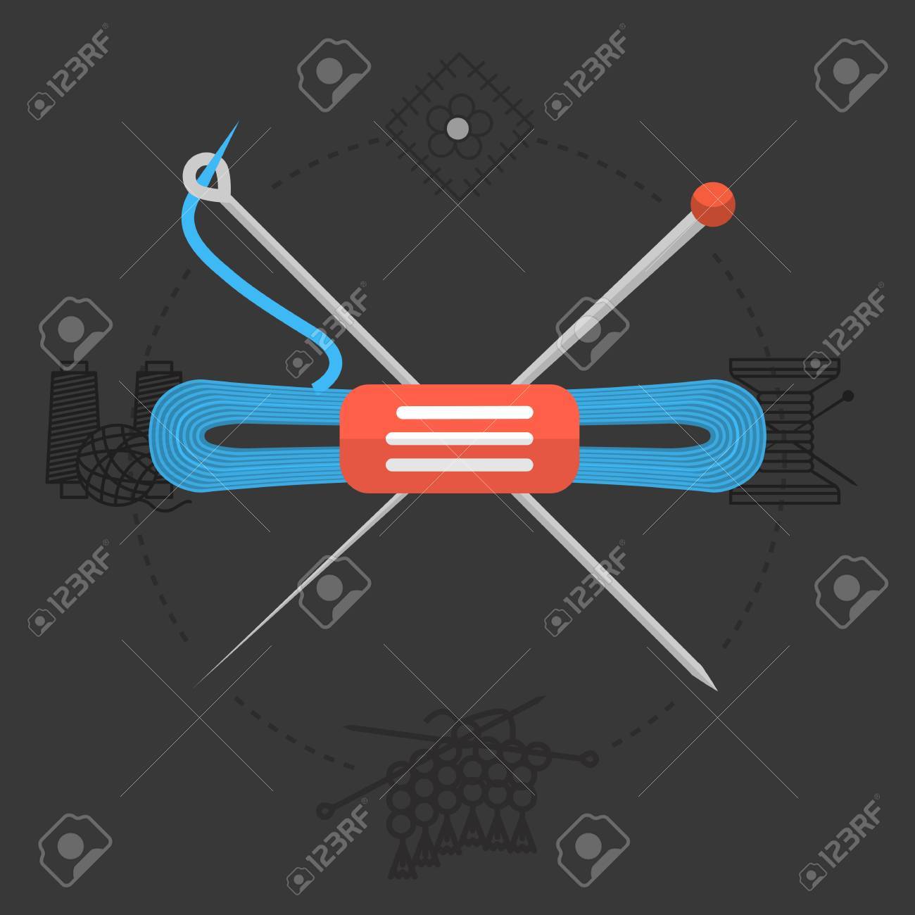 Blue Skein With Crossed Knitting Needles Flat Design Illustration