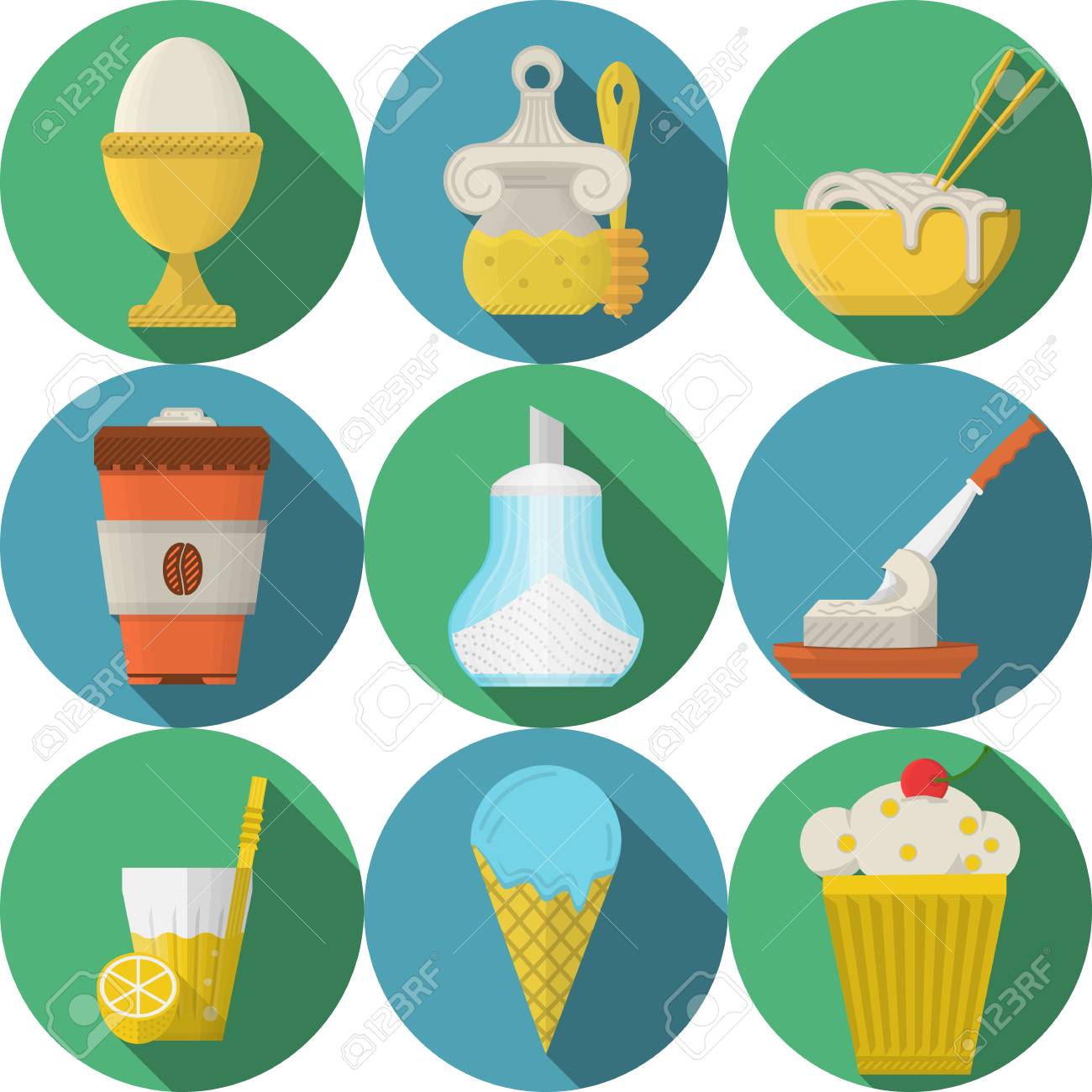 青と緑ラウンド フラット デザイン日用品のベクトル アイコンを設定 長い影と白い背景で朝食とランチのメニューのセットです のイラスト素材 ベクタ Image