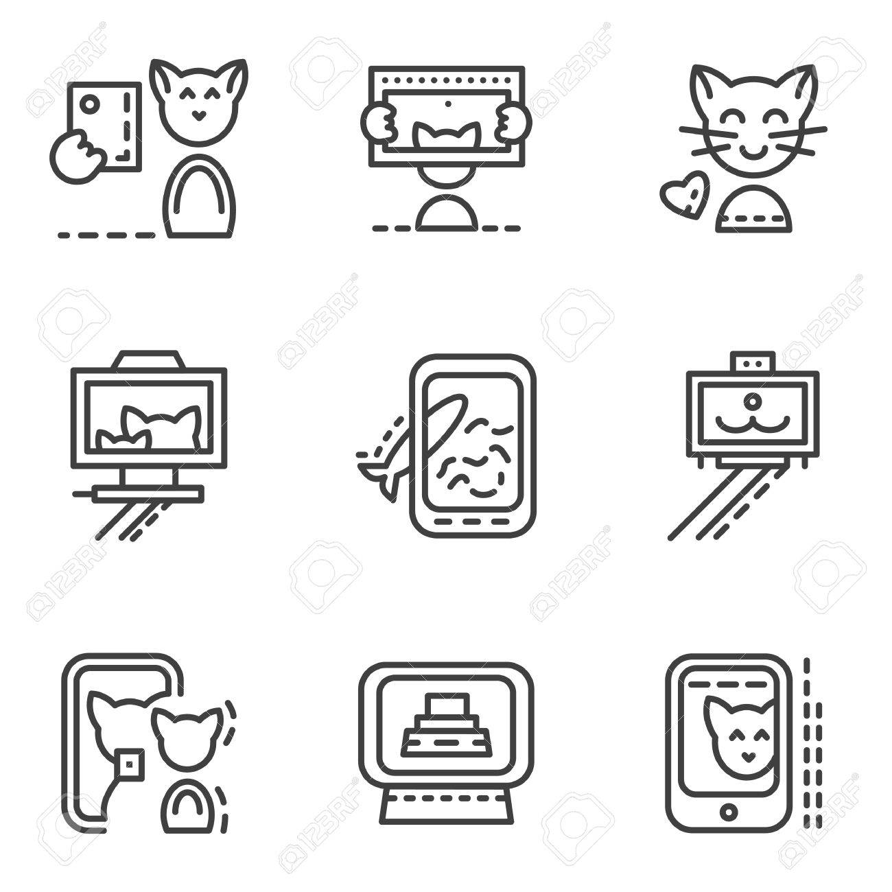 猫 Selfie のシンプルなラインのアイコンのセットです 面白い猫 友人 肖像画 Selfie スティック 携帯電話のカメラおよび他の写真楽しいウェブサイトやモバイル アプリのための変奏曲のイラスト素材 ベクタ Image 42716254