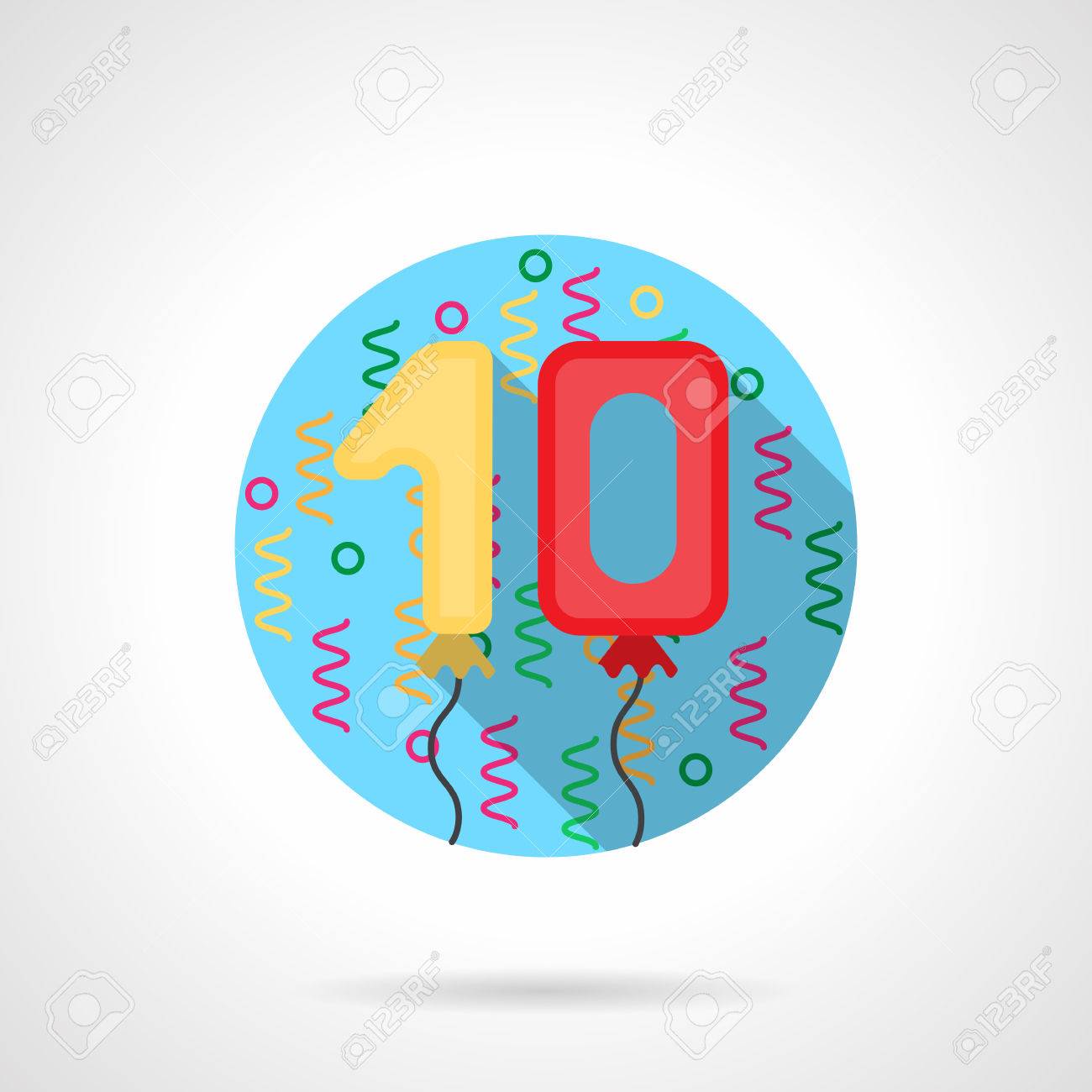 番号 10 と蛇紋岩の風船形を空気します 誕生日パーティー 面白い招待状 周年記念イベント 長い影とカラフルなラウンド フラット ベクトル アイコン Web デザイン ビジネス モバイル アプリの要素です のイラスト素材 ベクタ Image