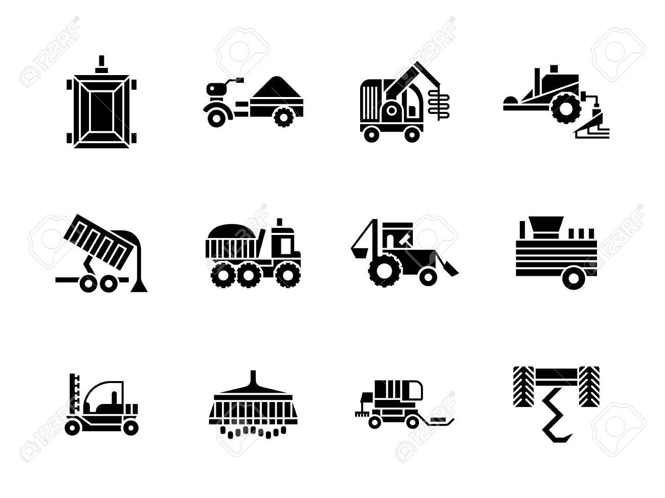 農業 農作業車 トラクター コンバイン等の収穫機械 象徴的な黒グリフ スタイル ベクトルのアイコンのコレクションです Web デザインや携帯電話の要素 のイラスト素材 ベクタ Image