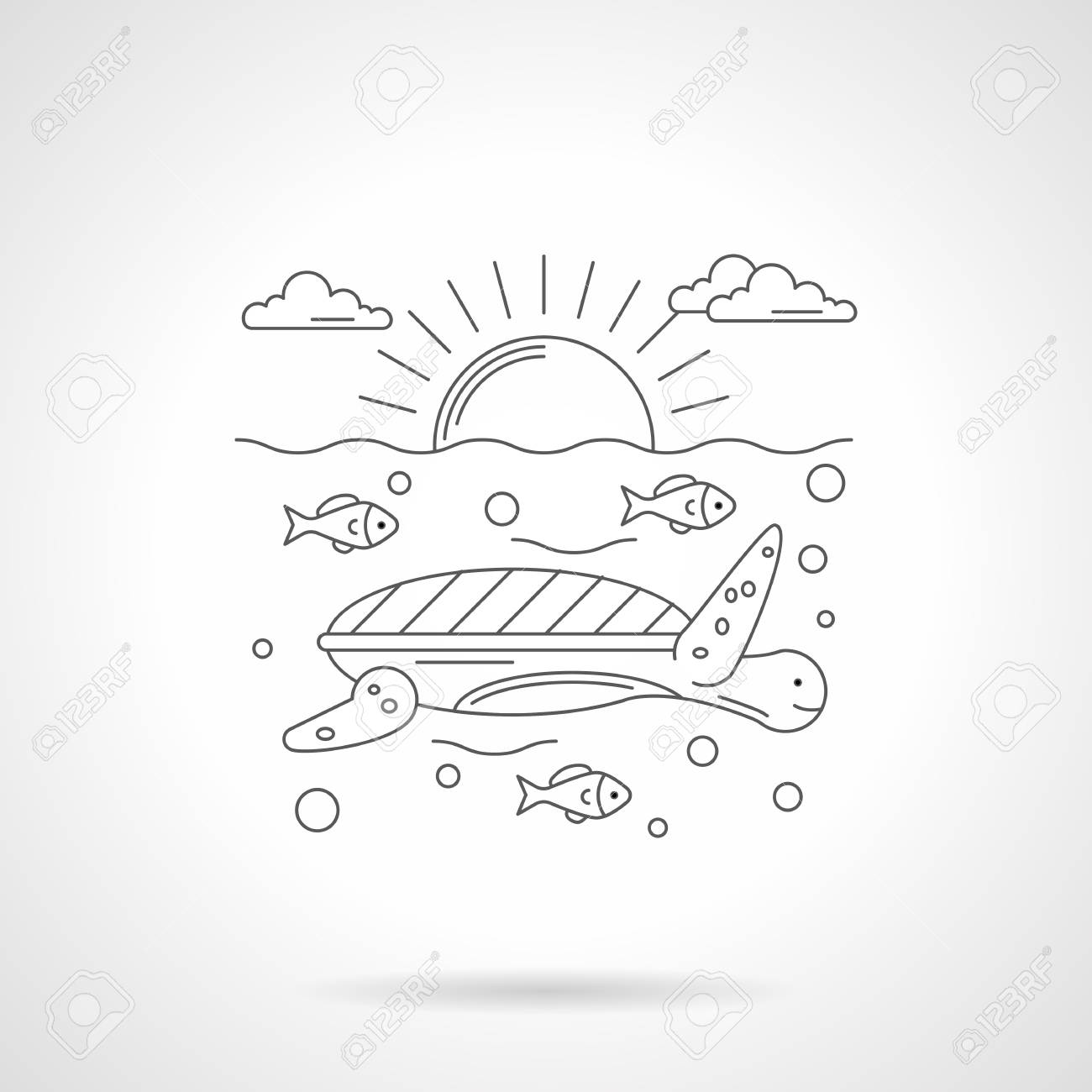 かわいいカメが魚と海で泳ぐ 漫画太陽と海の風景 単一の詳細なフラット ライン スタイルのアイコン ビジネス サイト 携帯アプリの Web デザイン要素です のイラスト素材 ベクタ Image