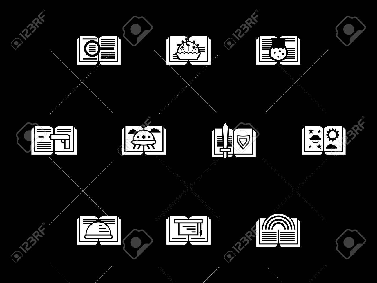 Witte Silhouet Tekenen Van Verschillende Boeken. Populaire Literaire Genres  - Fictie, Poëzie, Horror, Educatieve En Andere Literatuur. Monochrome Glyph  Design Vector Pictogrammen Ingesteld Op Zwarte Achtergrond. Royalty vrije  SVG, Cliparts, Vectoren, en