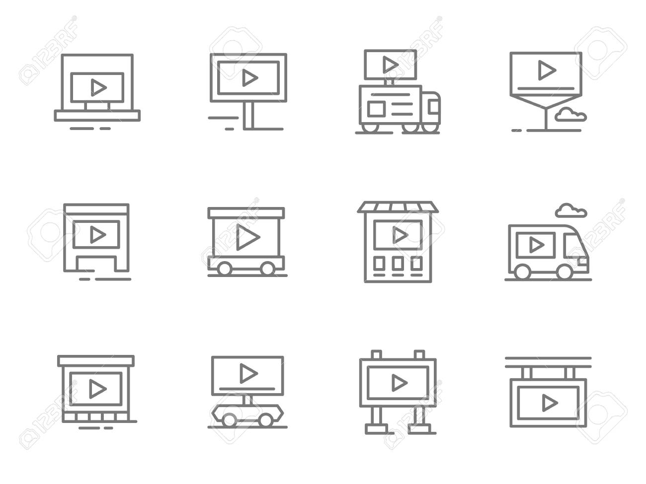 ビデオ エレメントのキャンペーン広告のシンボル 建物 バナー 看板 自動車に表示されます シンプルな黒い線デザイン ベクトルのアイコンのコレクションです のイラスト素材 ベクタ Image