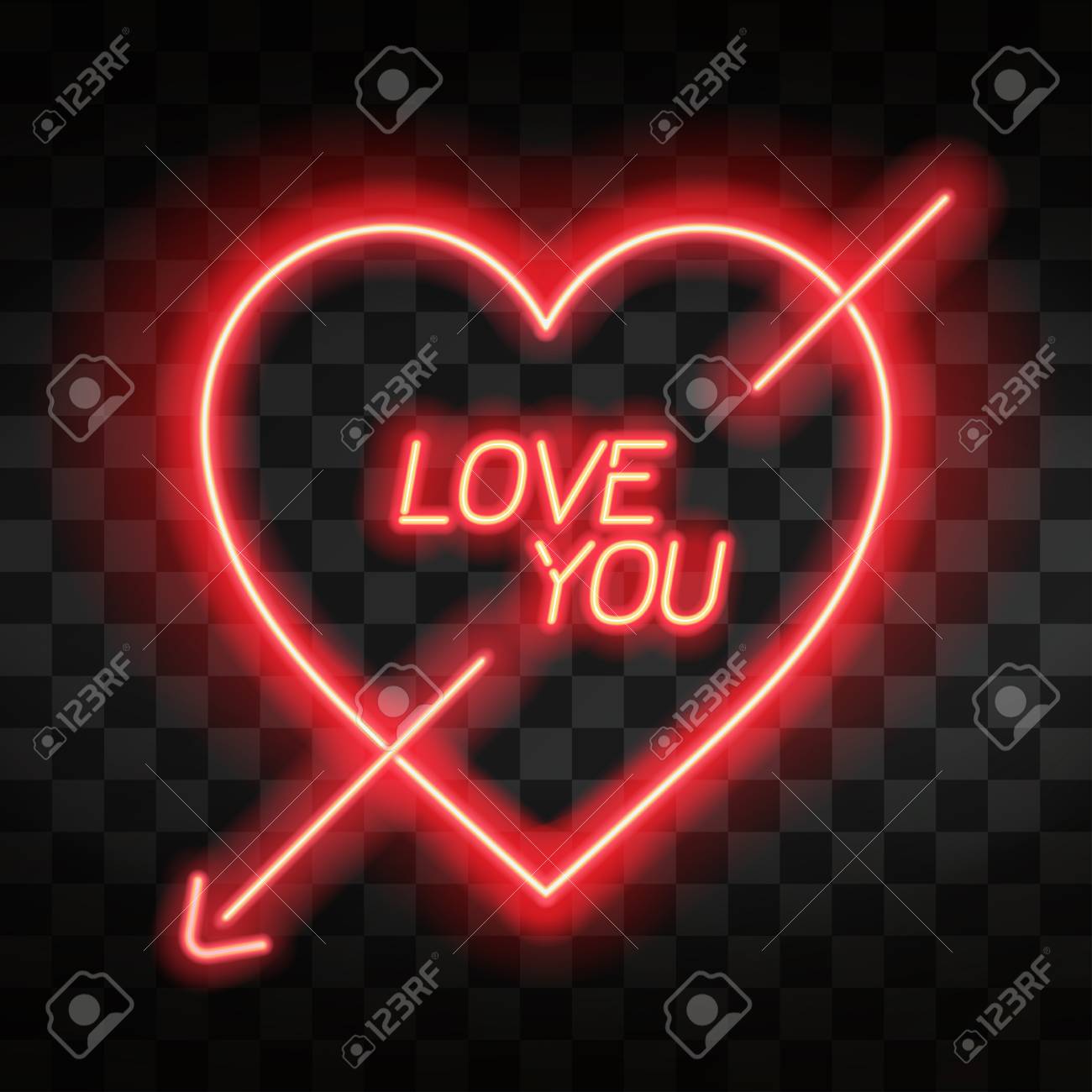 love you bright neon heart heart sign with cupid arrow on dark