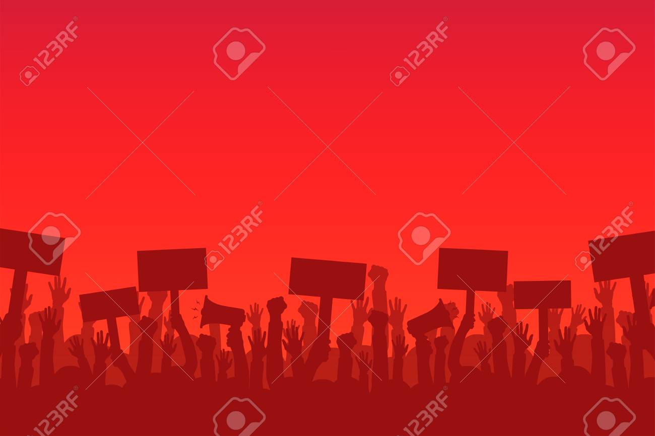 Crowd of protesters people. Silhouettes of people with banners and megaphones. Concept of revolution or protest. - 92248302 Crowd of protesters people. Silhouettes of people with banners and megaphones. Concept of revolution or protest. - 92248302