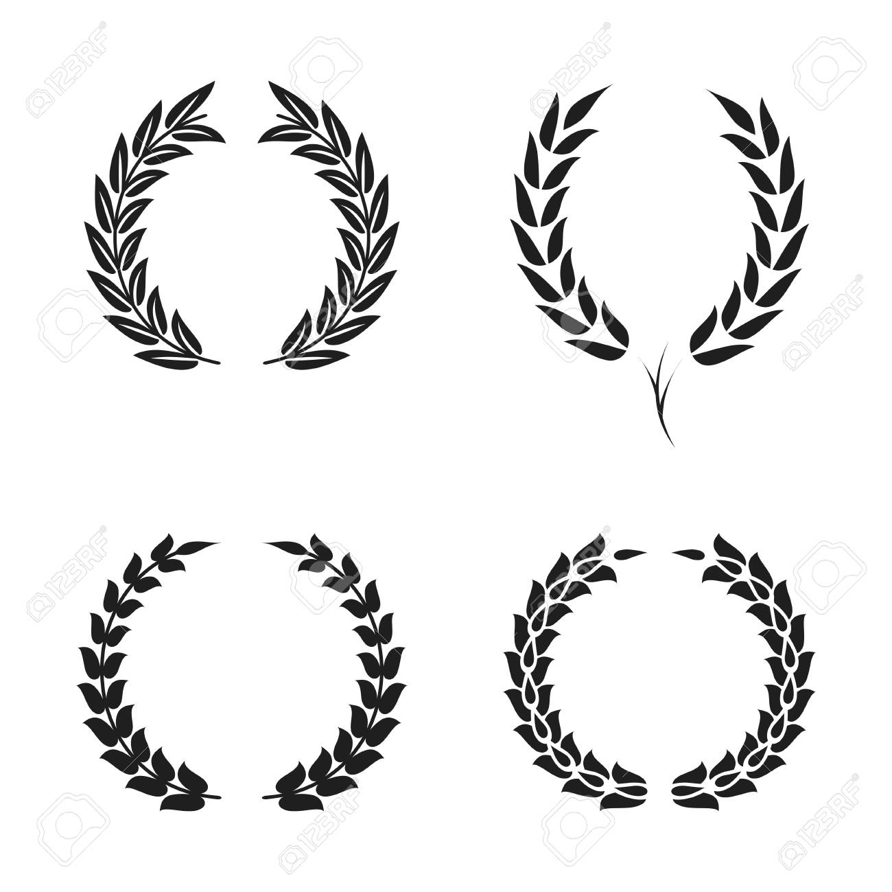 ローレルリース葉シンボルセット 賞 業績のための葉と月桂樹の花輪の黒い円形のシルエット ベクトルのイラスト素材 ベクタ Image