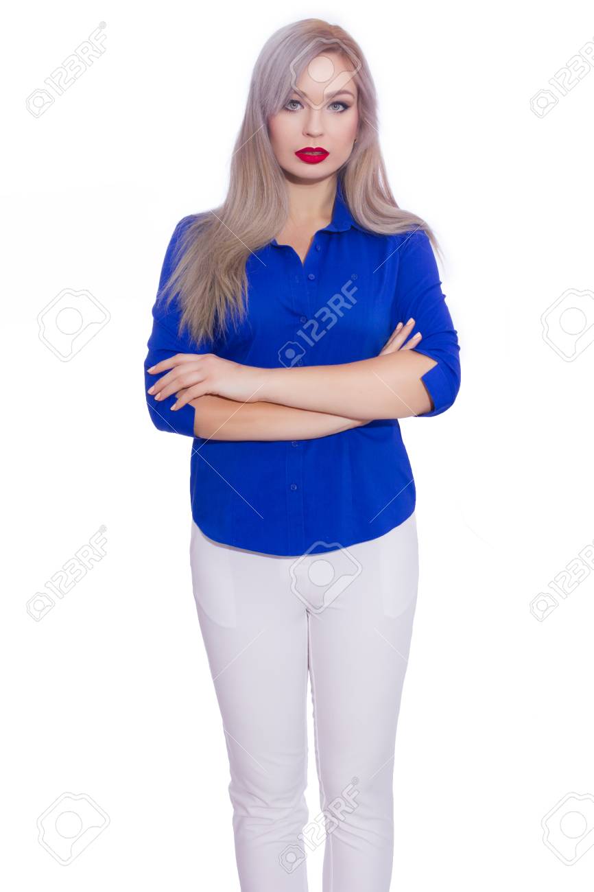 blue blouse and white pants