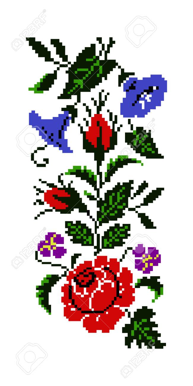 色の花束 ばら りんどう パンジー 伝統的なウクライナ刺繍要素を使用して ボーダー柄 ピクセル アートとして使用できます のイラスト素材 ベクタ Image