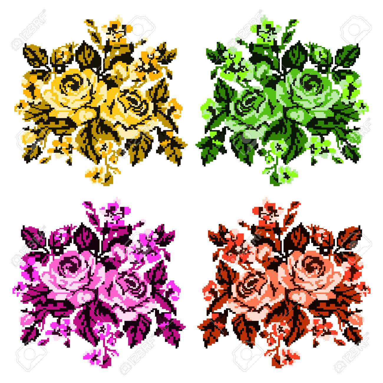 ウクライナ刺繍の伝統的な要素を使用して赤 黄 緑 ピンクのトーンの色を花 ヤグルマギク バラ の花束 ピクセル アート カード エンブレム アイコンとして使用できます 黄色と緑のトーン の写真素材 画像素材 Image