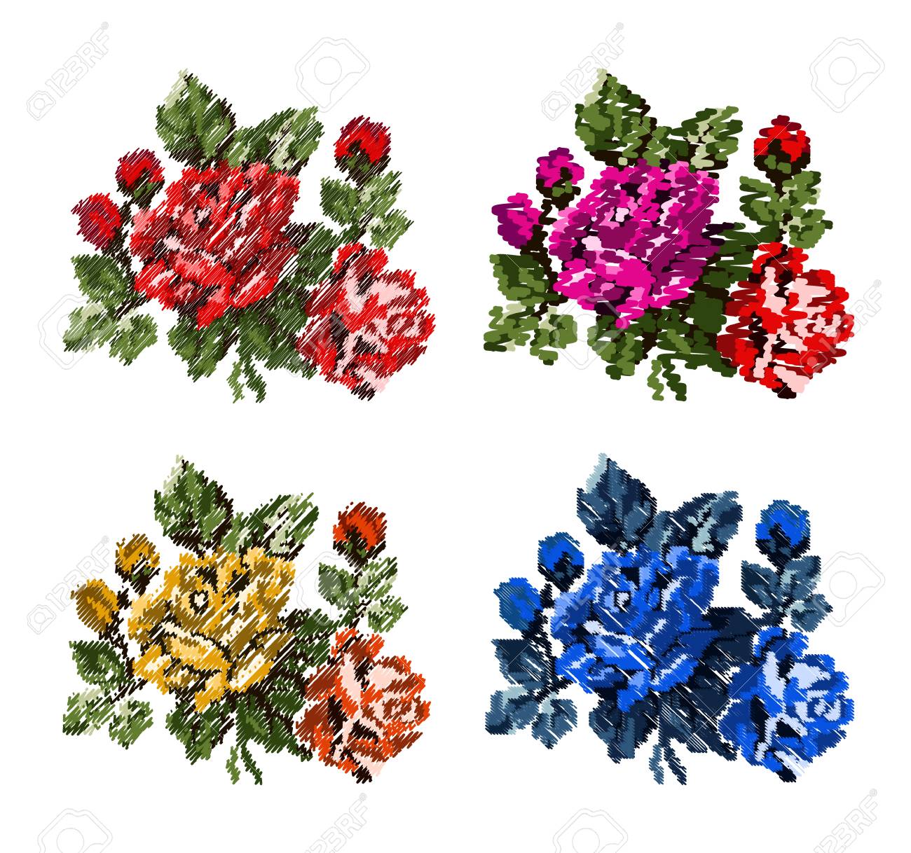 設定します 伝統的なウクライナ刺繍要素 フリーハンド を使用しての花 バラ の花束を色します カード エンブレム アイコンとして使用することができます の写真素材 画像素材 Image