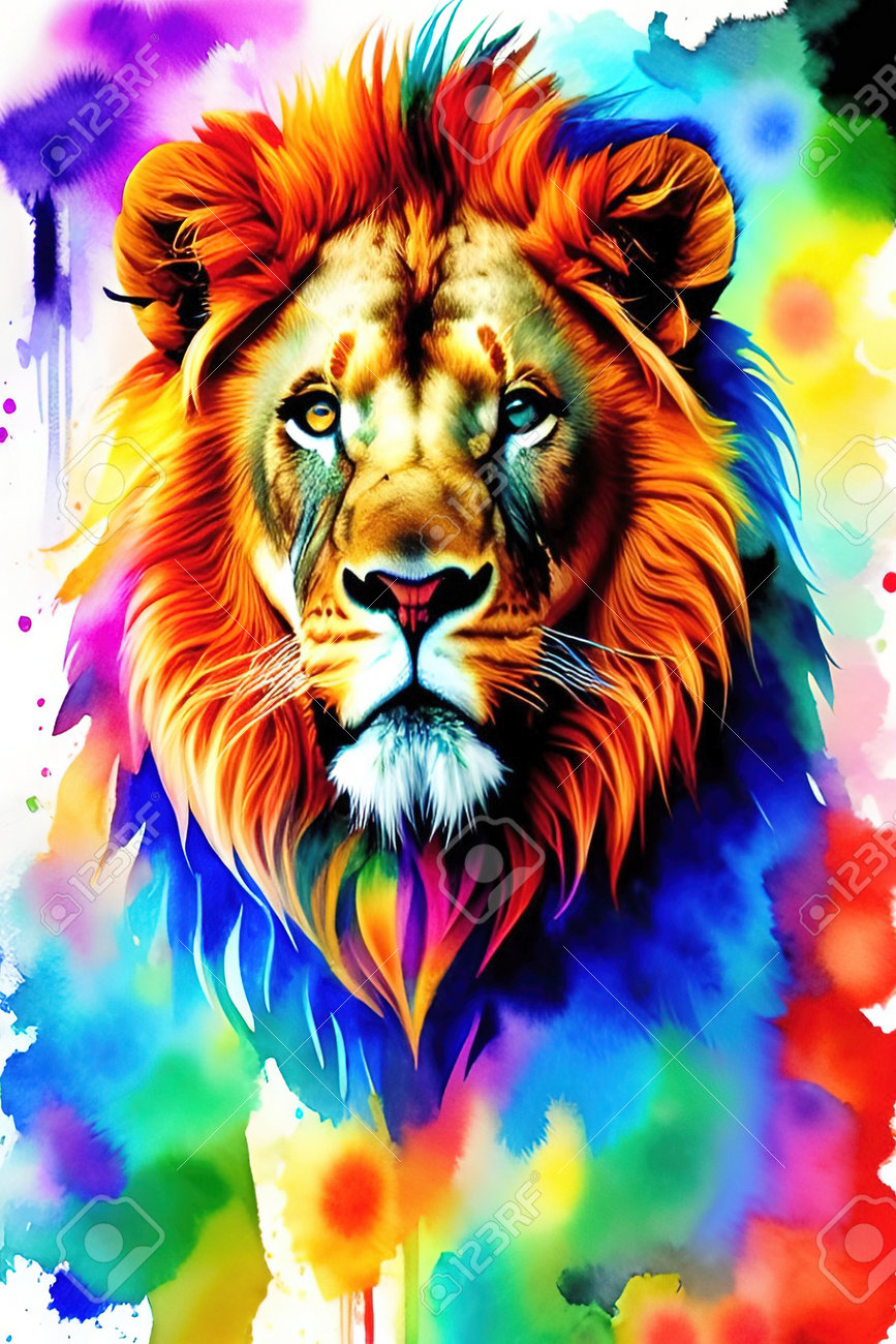 カラフルな背景にライオン。デジタルペインティング。カラフルな絵。の