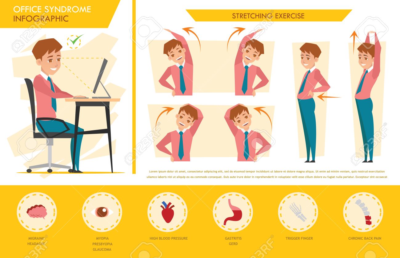 man office syndrome infographic and stretching exercise royalty free exercise for office