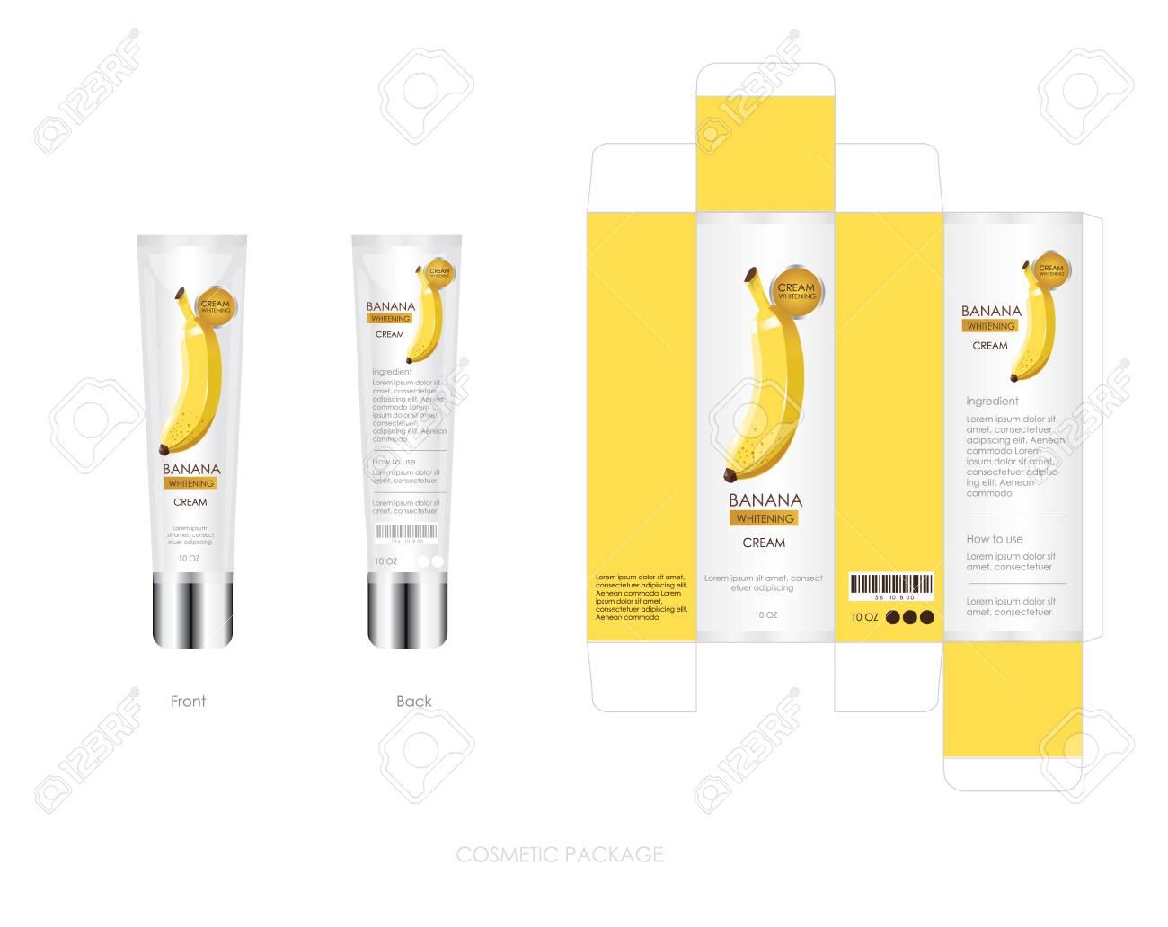 banana cosmetic package design include box and bottle box package designs