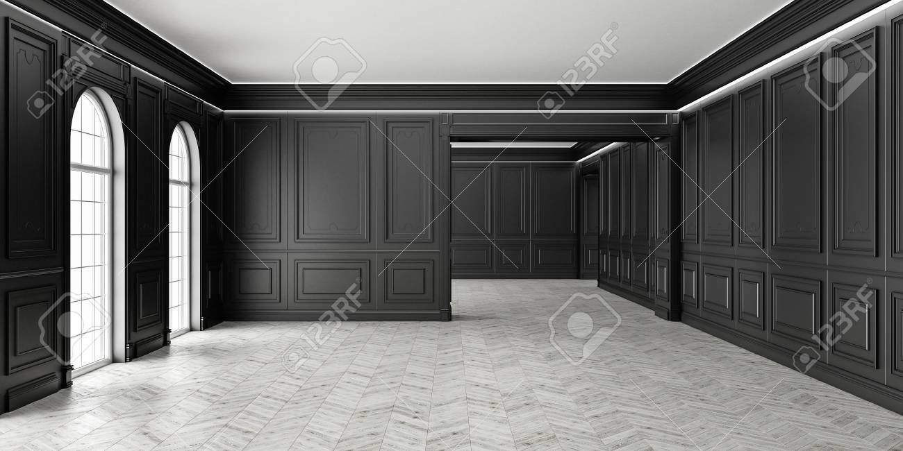 寄木細工と古典的な壁の Pannels 大きな窓と家のインテリア照明と3d クラシックスタイルの空の黒い部屋 の写真素材 画像素材 Image 3180