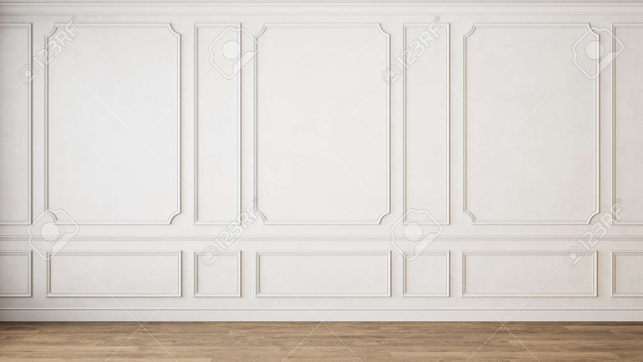 Modern classic white empty interior with wall panels molding and wooden floor. 3d render illustration mock up. - 159383569 Modern classic white empty interior with wall panels molding and wooden floor. 3d render illustration mock up. - 159383569