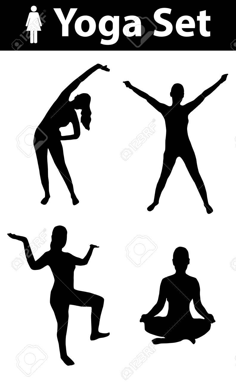 ヨガのシルエットのセット 女性のシルエット ヨガのポーズ 黒 白背景にのイラスト素材 ベクタ Image