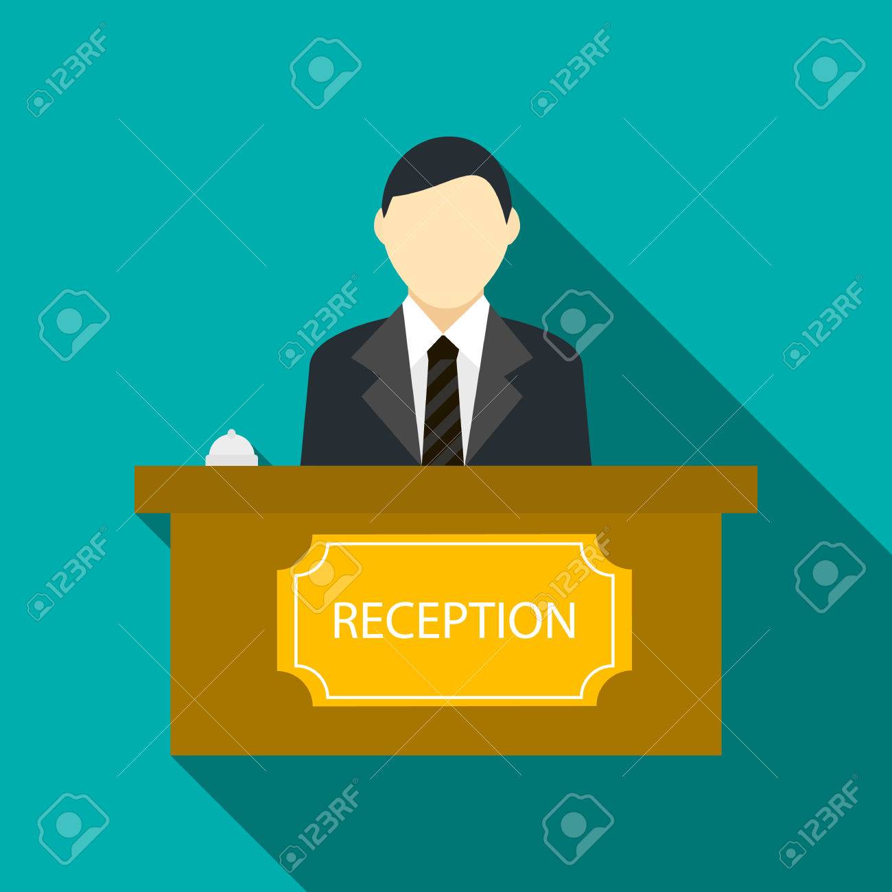 男性受付ホテル フロント アイコン背景色が水色でフラット スタイルでのイラスト素材 ベクタ Image