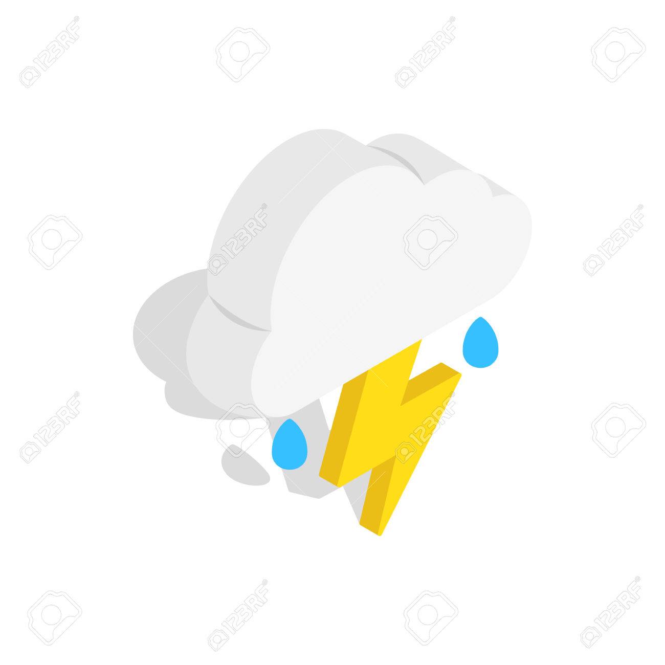 雷と雨と白い雲が白地に等角投影の 3d スタイルのアイコンをドロップします のイラスト素材 ベクタ Image