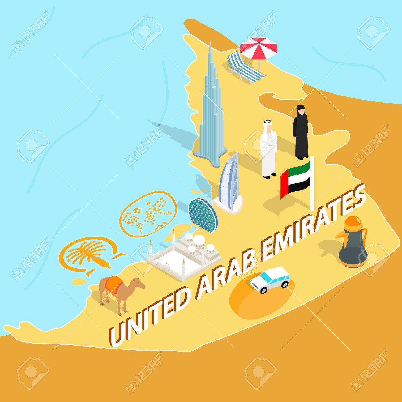 united arab emirates map in isometric 3d style symbols of uae set collection vector illustration