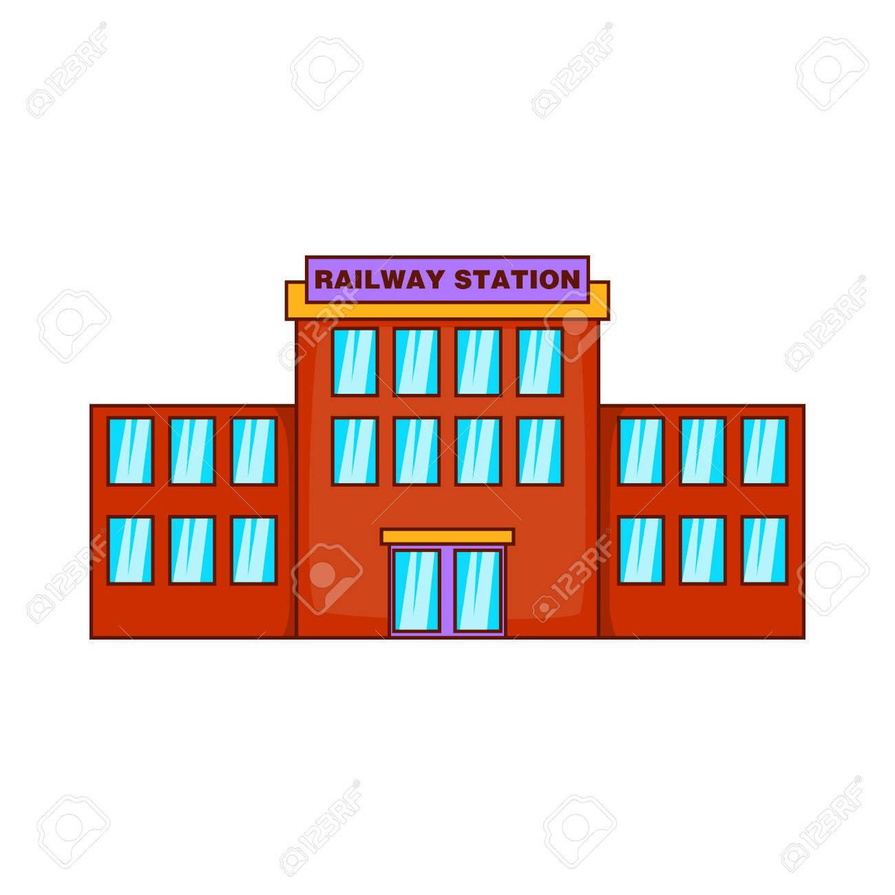 漫画のスタイルの白い背景で隔離の鉄道駅アイコン 建物のシンボルのイラスト素材 ベクタ Image