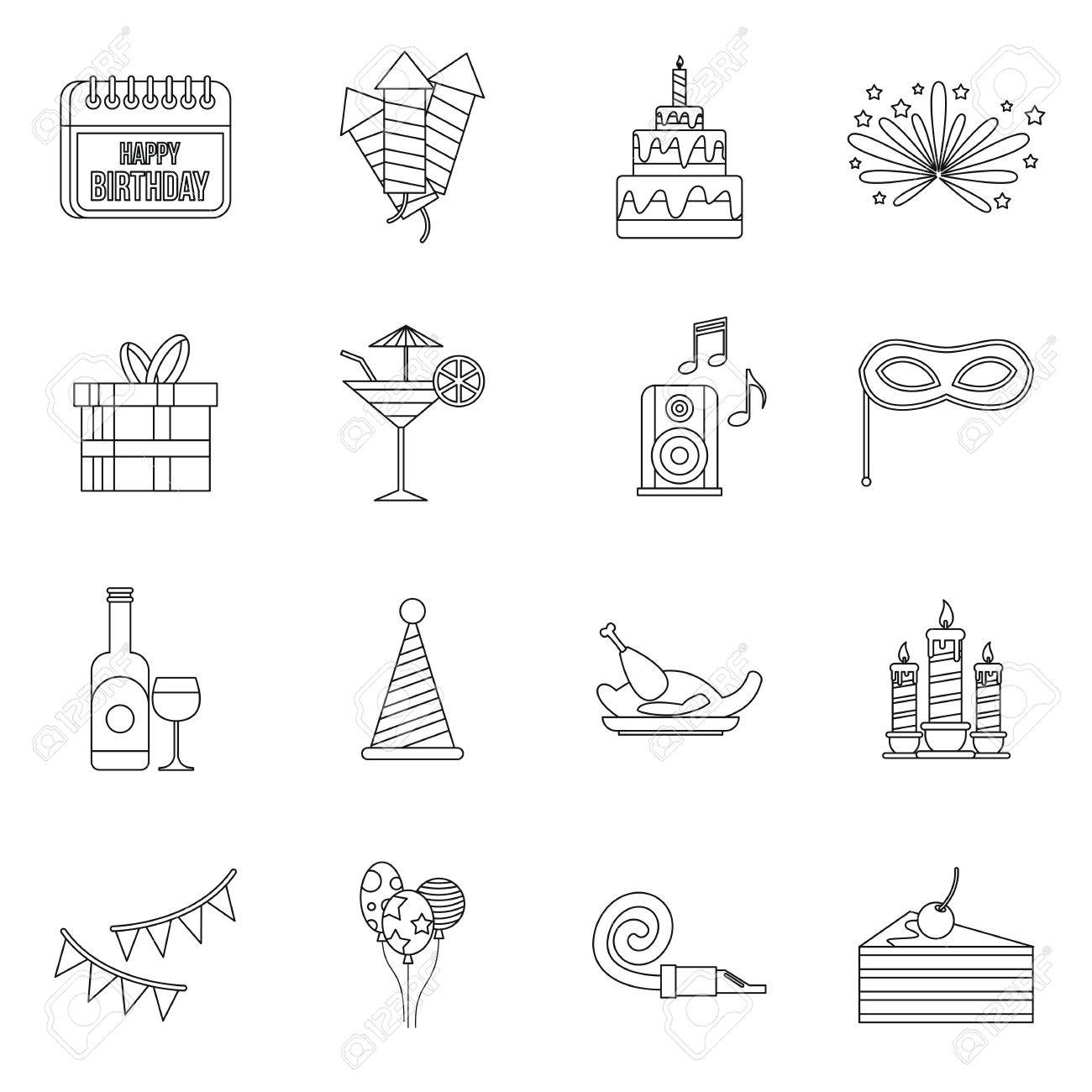 幸せな誕生日アイコンのアウトラインのスタイルの設定 パーティやお祝いの要素設定コレクションのベクトル図のイラスト素材 ベクタ Image