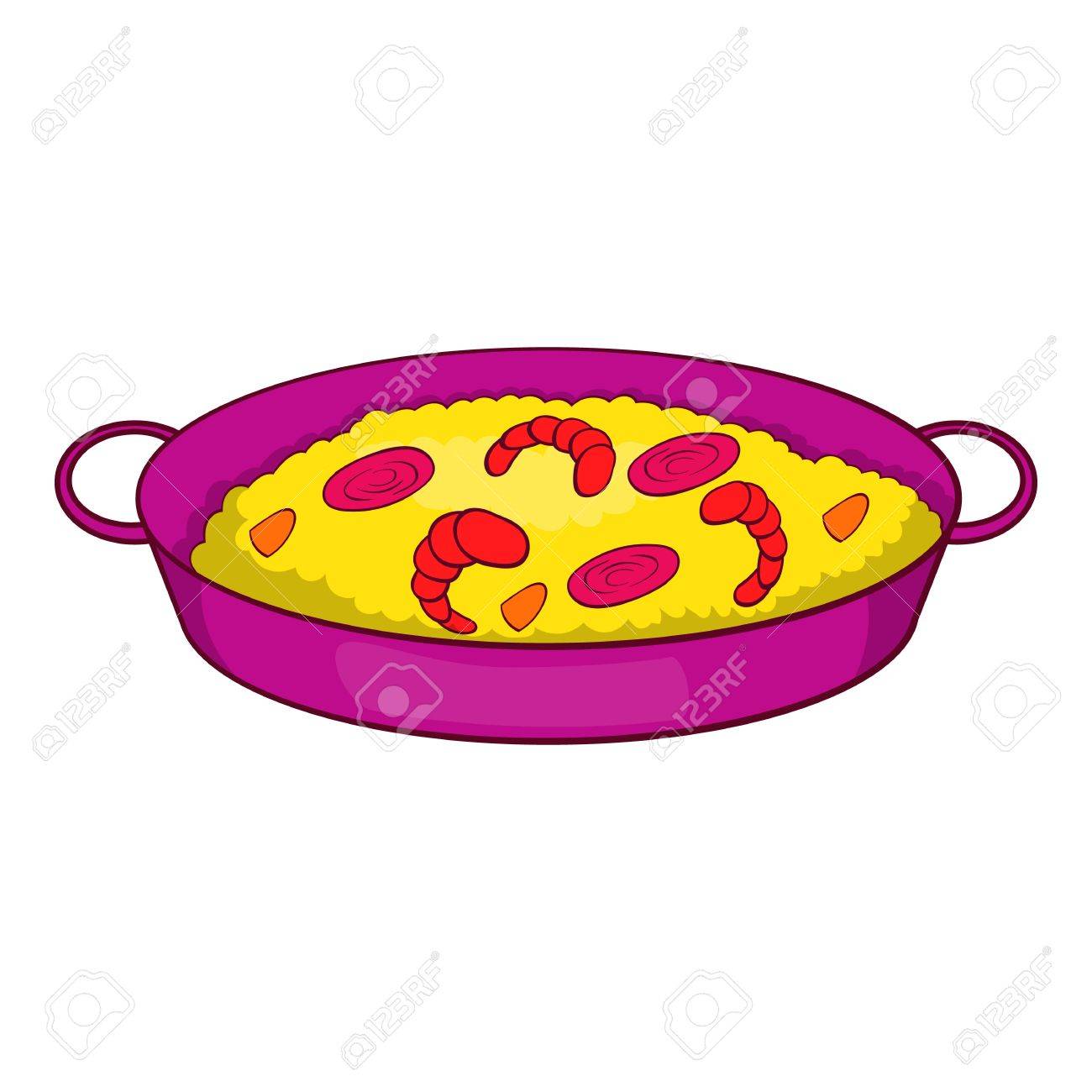 白い背景のベクトル図に分離された漫画のスタイルでパン アイコンを魚介類のパエリアのイラスト素材 ベクタ Image