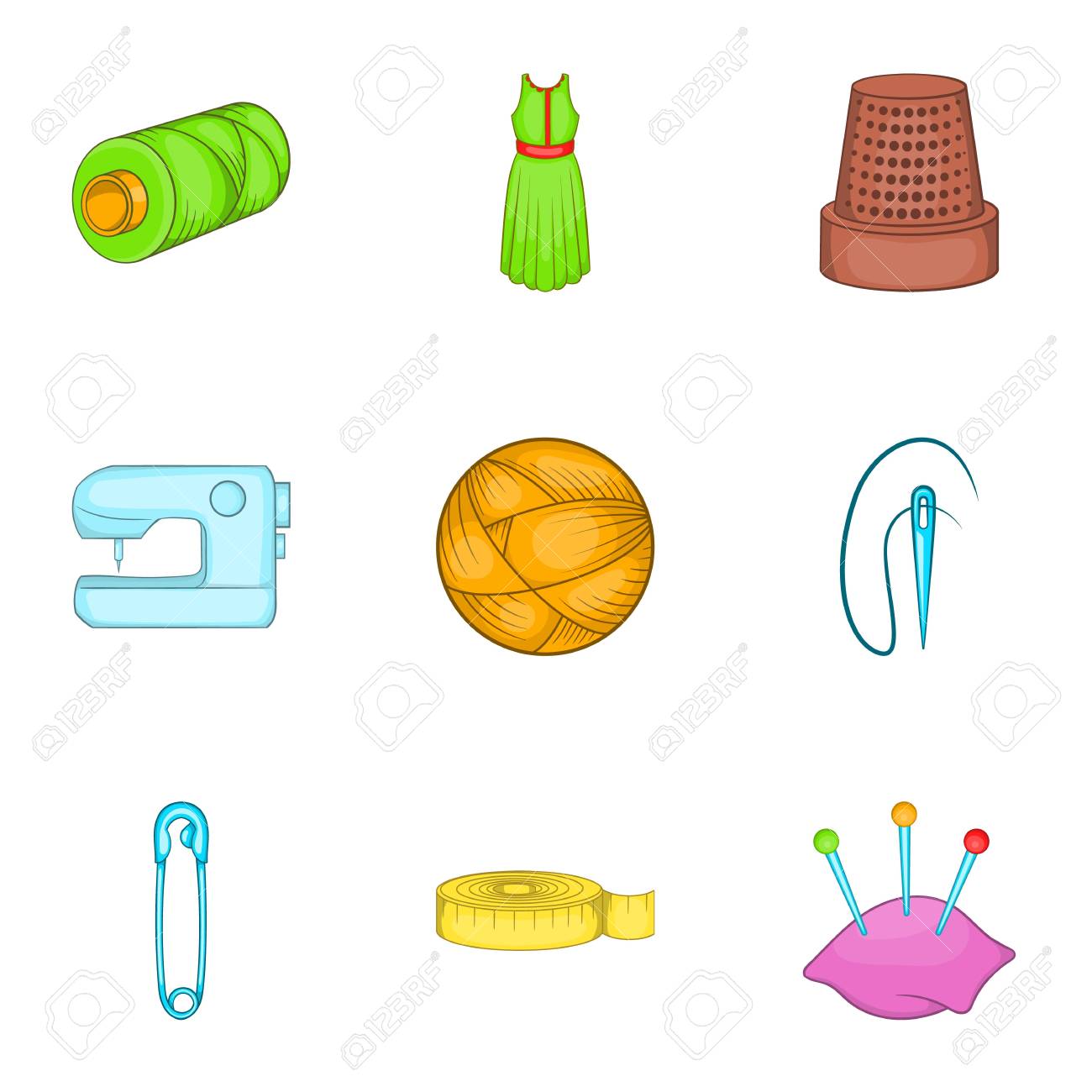 Herramientas Para Coser Vestidos Iconos Conjunto. Ilustración De Dibujos De 9 Herramientas Para Los Iconos De Los Vestidos Costura Vectores Para La Web Ilustraciones Svg, Vectoriales, Clip Art Vectorizado Libre