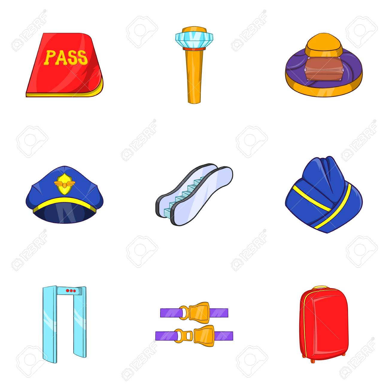 check at airport icons set cartoon illustration of 9 check at