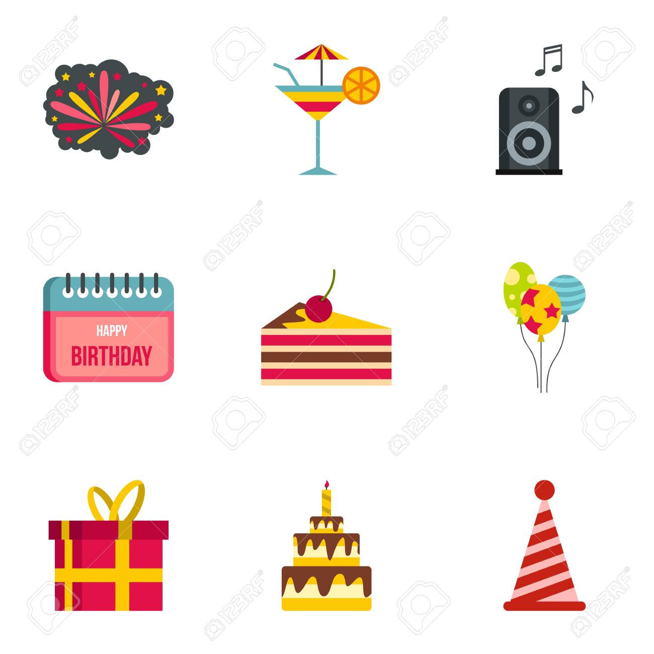 誕生日のアイコンを設定します Web の 9 歳の誕生日ベクトル アイコンのフラットの図のイラスト素材 ベクタ Image