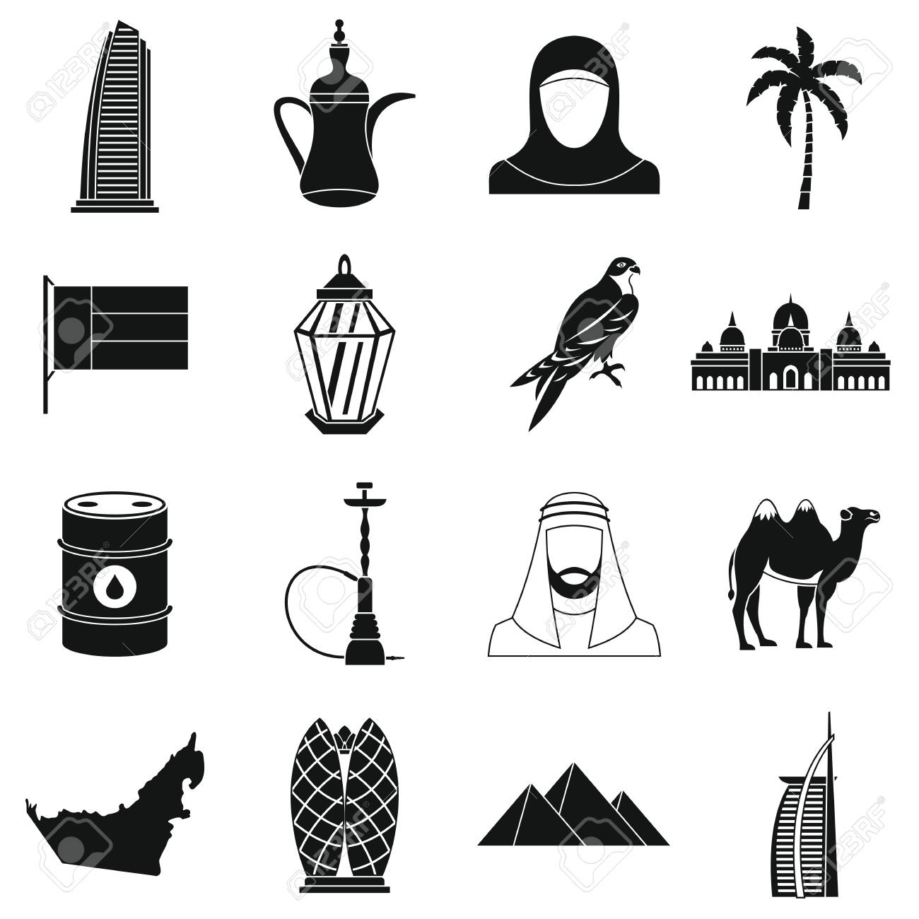 アラブ首長国連邦旅行のアイコンを設定します 16 アラブ首長国連邦旅行のベクター アイコン Web の簡単な図のイラスト素材 ベクタ Image