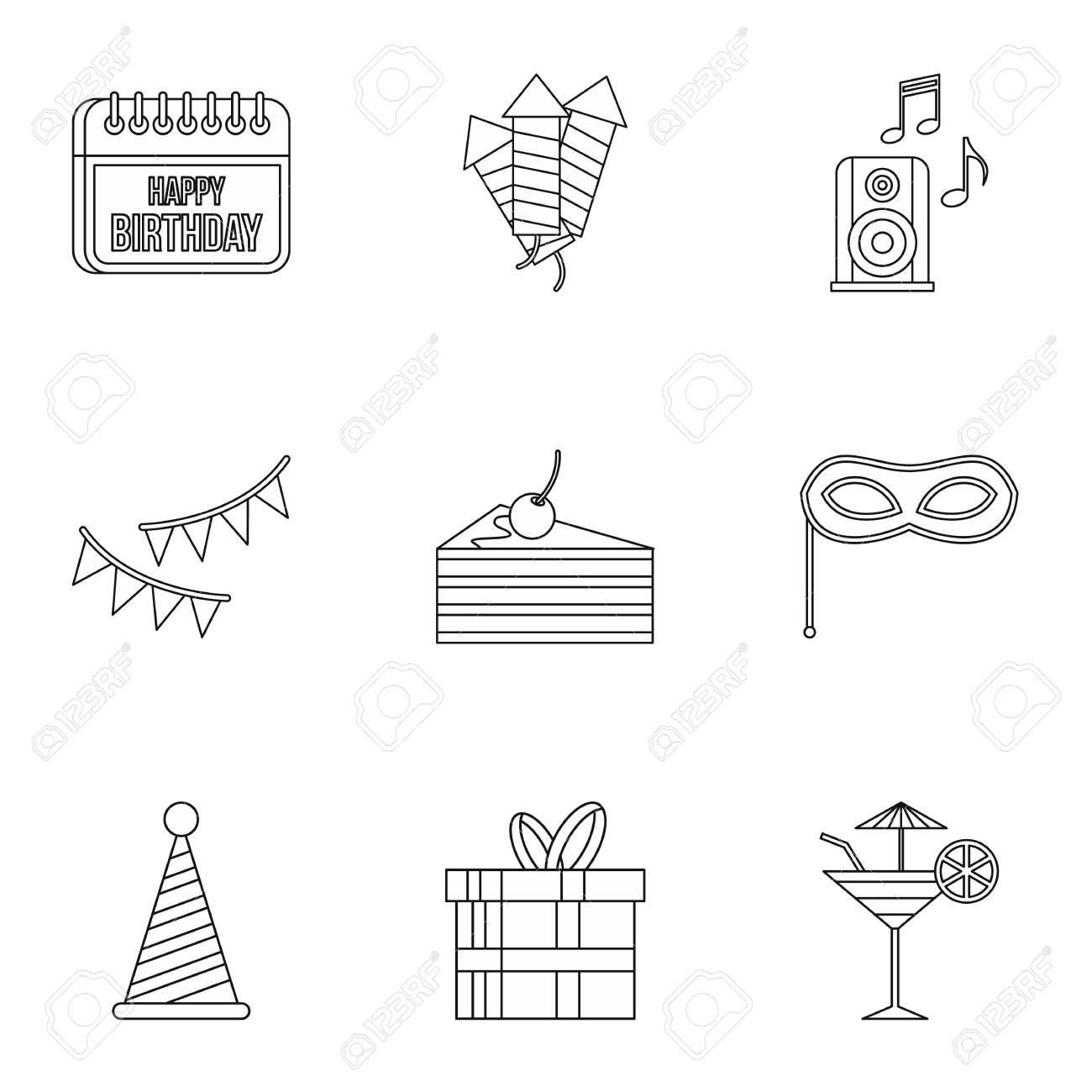 誕生日のアイコンを設定します Web の 9 歳の誕生日ベクトル アイコンの概要図のイラスト素材 ベクタ Image