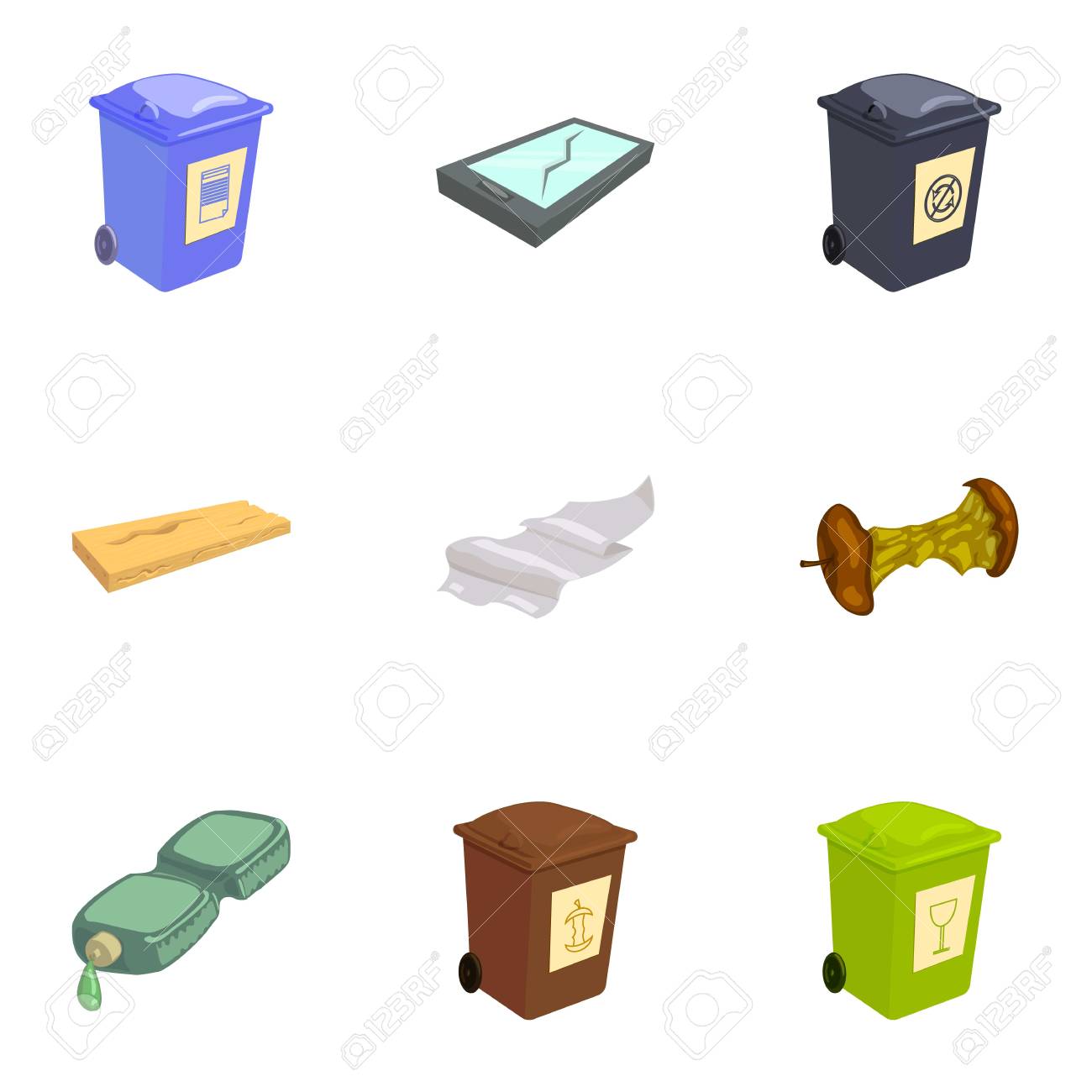 漫画のスタイルのアイコン セットをリサイクルのためのゴミ箱のイラスト素材 ベクタ Image