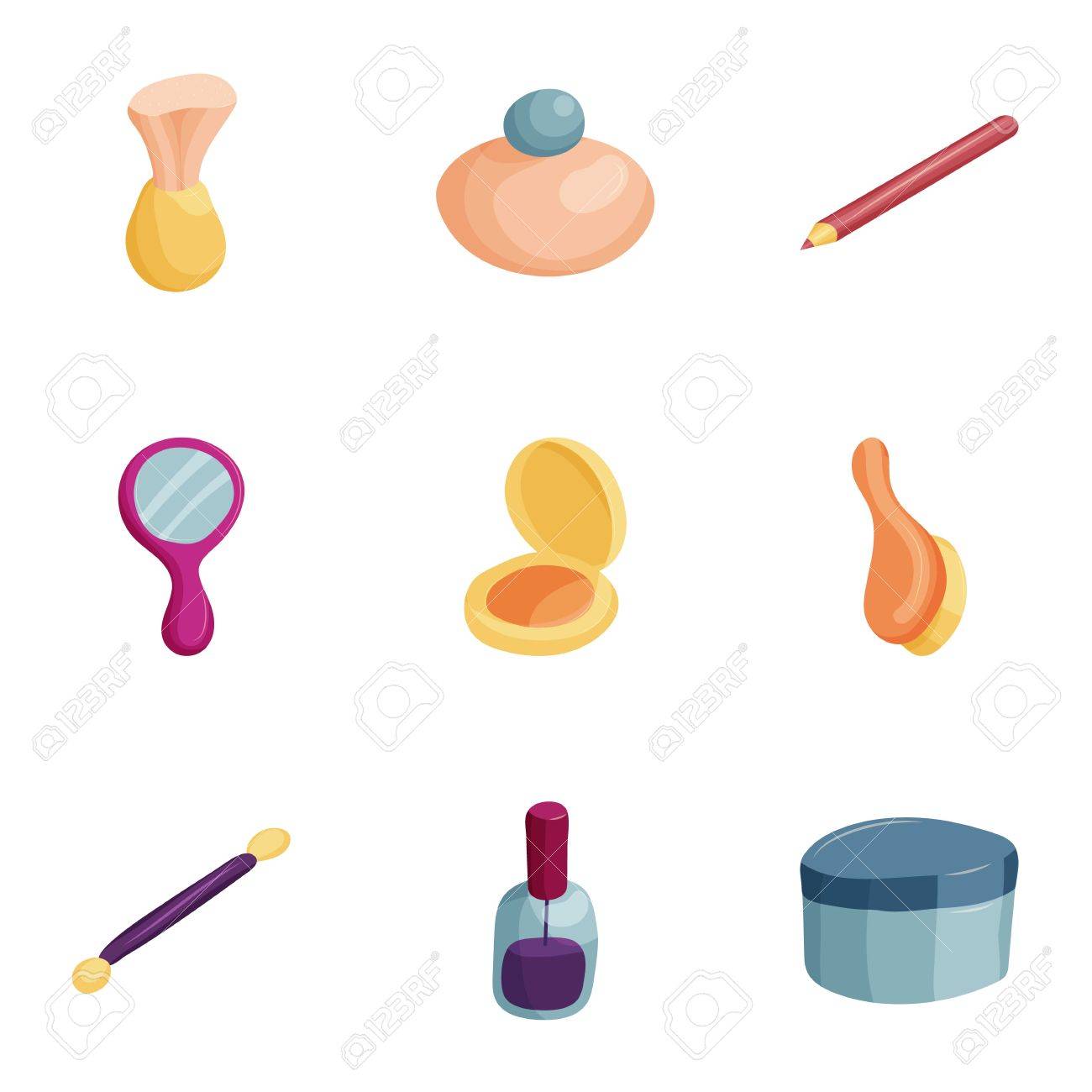 Makeup products icons set, cartoon style