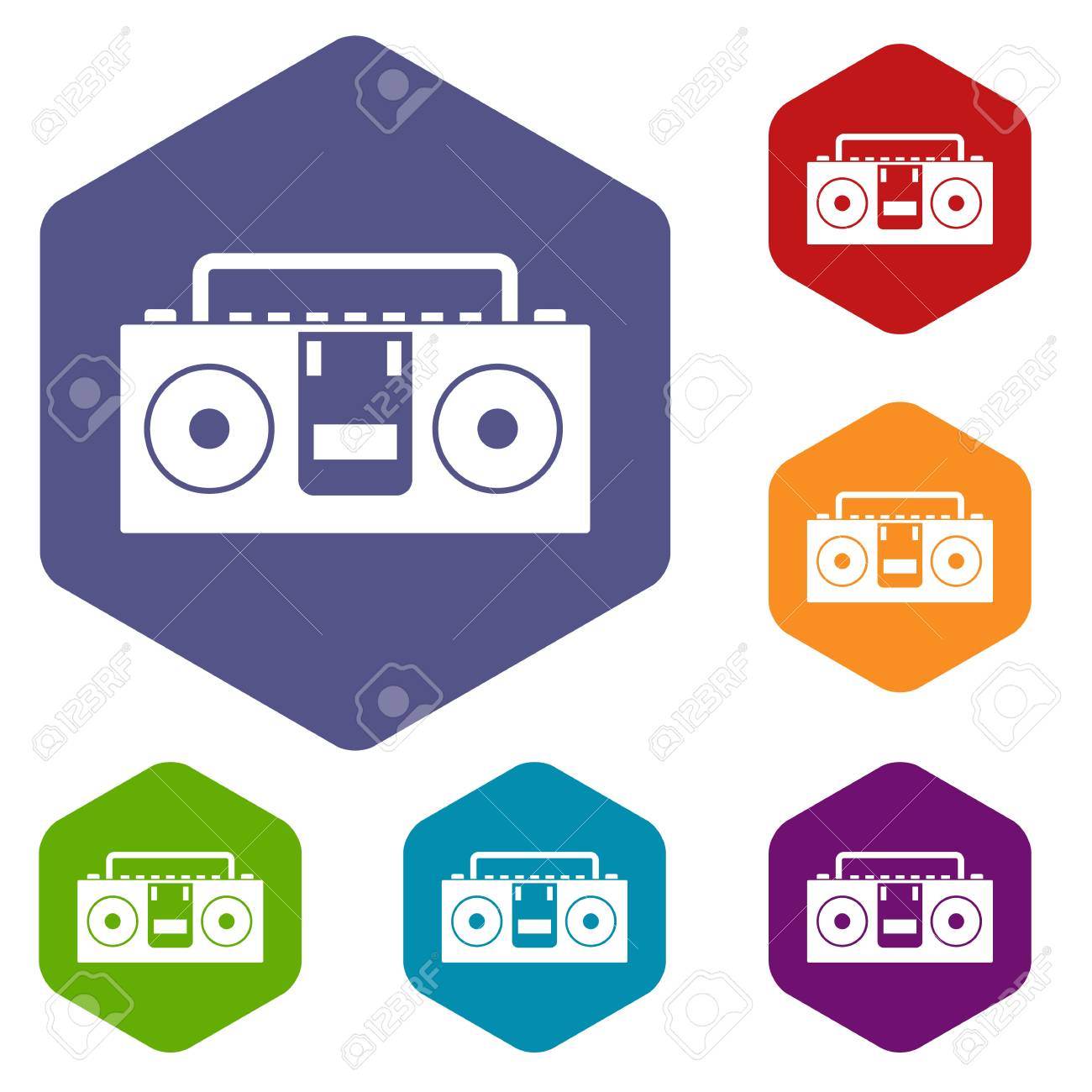 オーディオ カセット アイコン セット六角形分離ベクトル図のヴィンテージのテープ レコーダー のイラスト素材 ベクタ Image