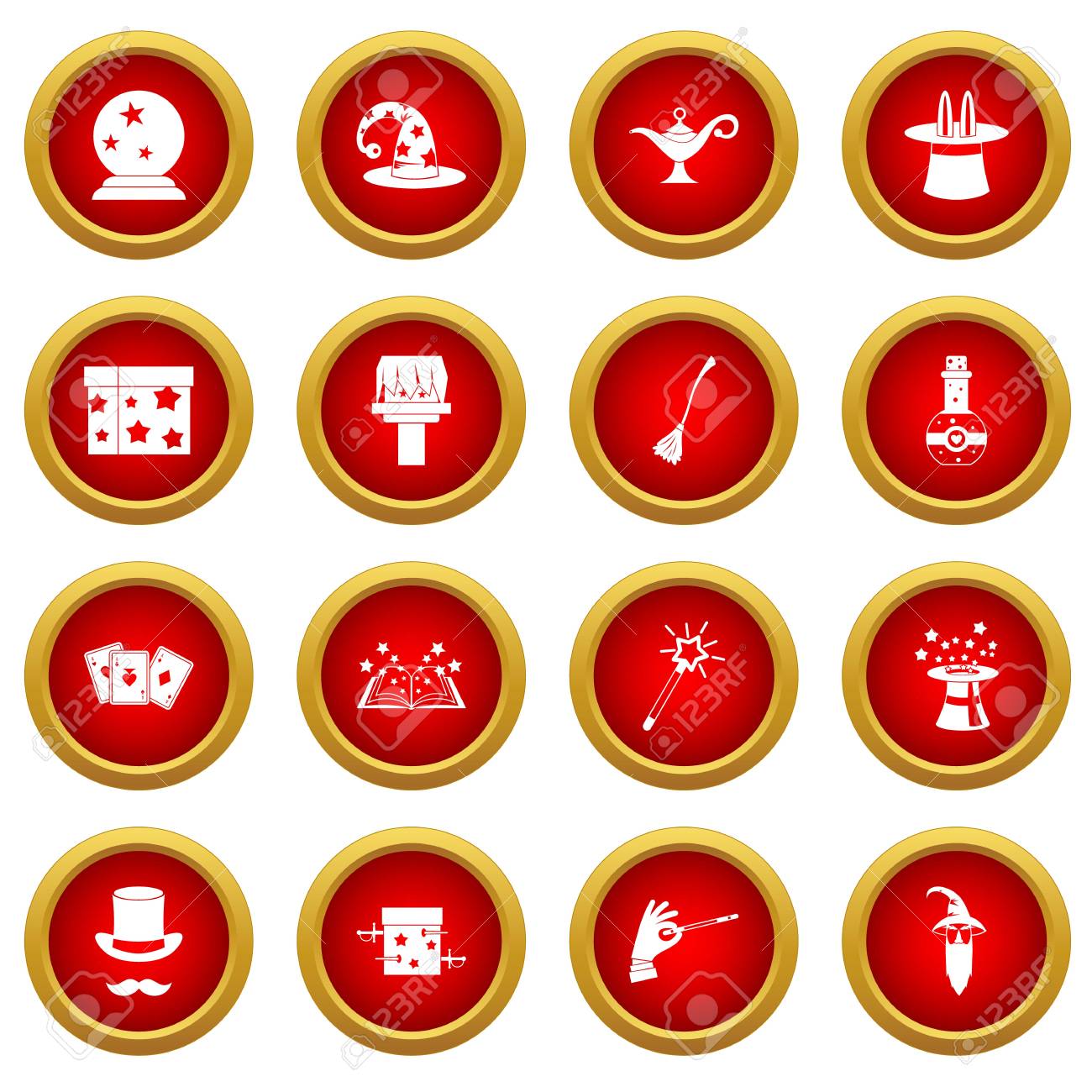 白い背景に分離された魔法アイコン赤サークル セットのイラスト素材 ベクタ Image