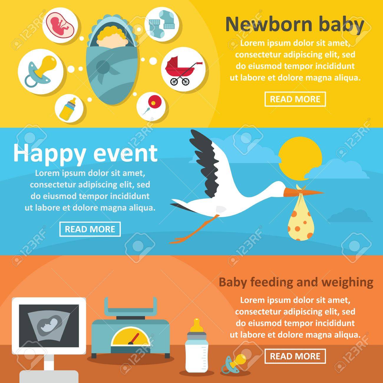 newborn baby banner horizontal concept set flat illustration
