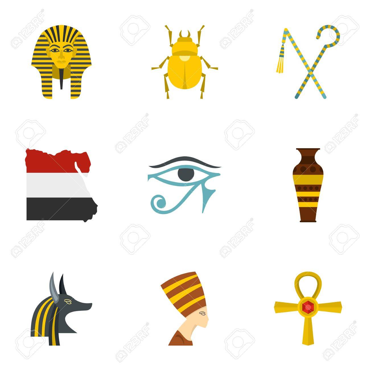 エジプトの歴史のアイコンを設定します 9 エジプト歴史ベクトル アイコン Web は 白い背景で隔離の漫画セット のイラスト素材 ベクタ Image
