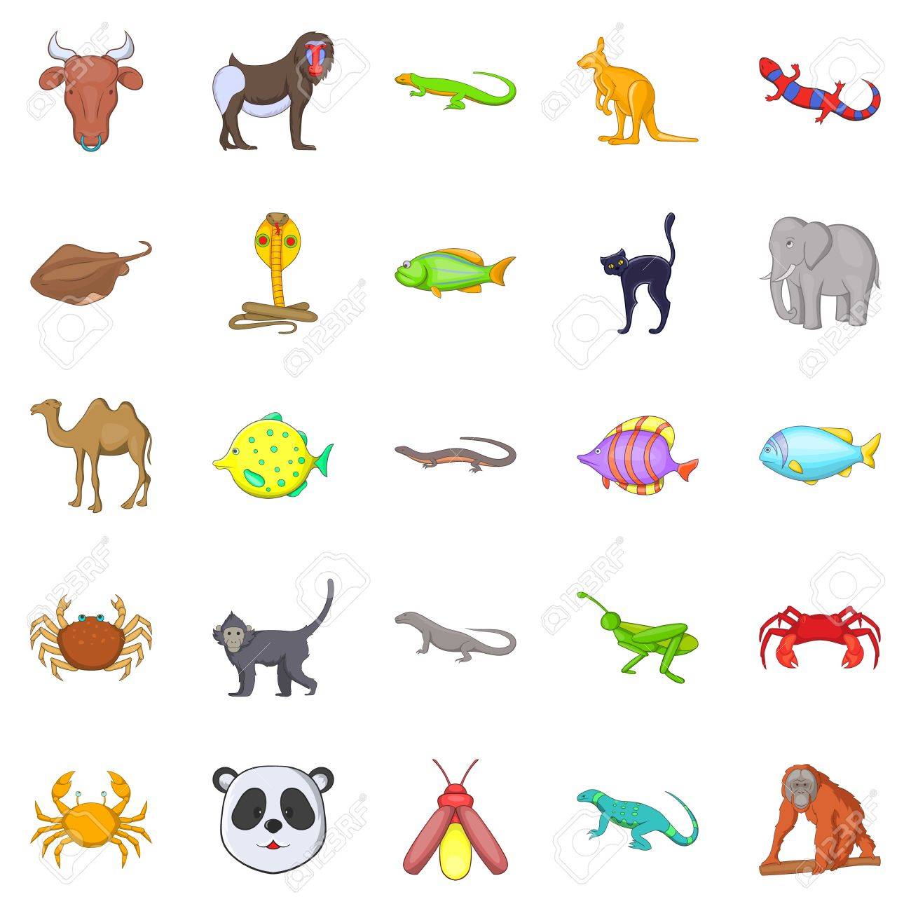 ジャングルのアイコン セット 漫画スタイルの動物 のイラスト素材 ベクタ Image