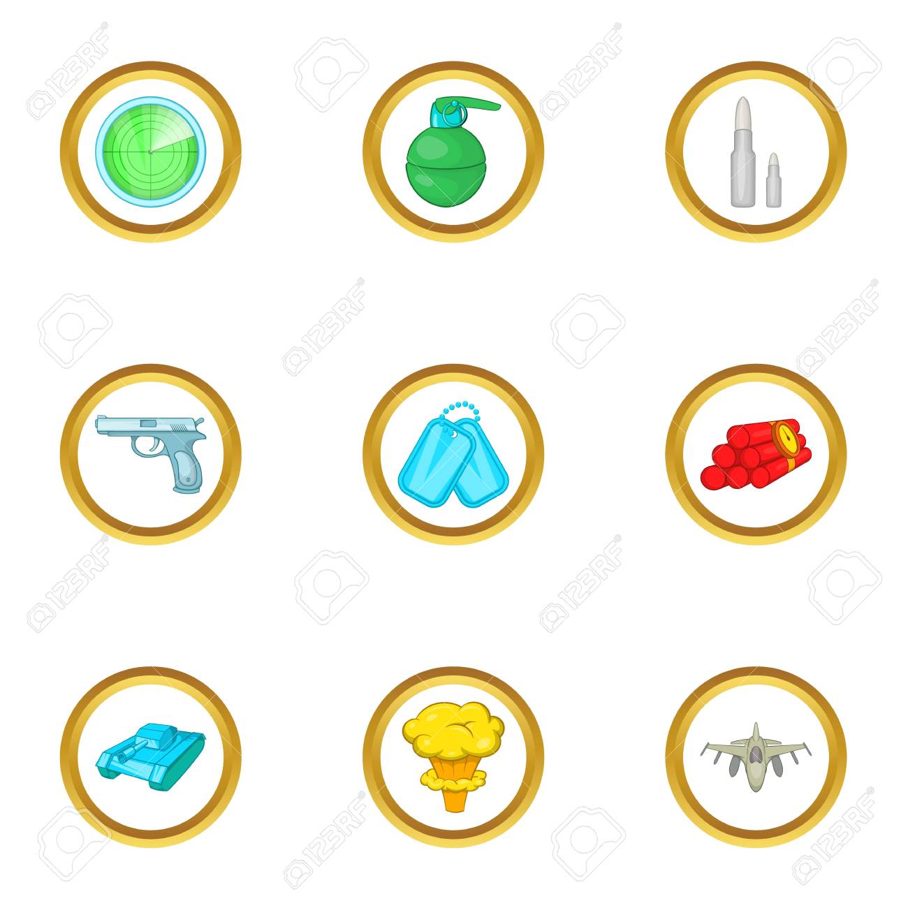 アーセナルのアイコンを設定します 漫画の Web は 白い背景で隔離の 9 アーセナル ベクトルのアイコン セット のイラスト素材 ベクタ Image