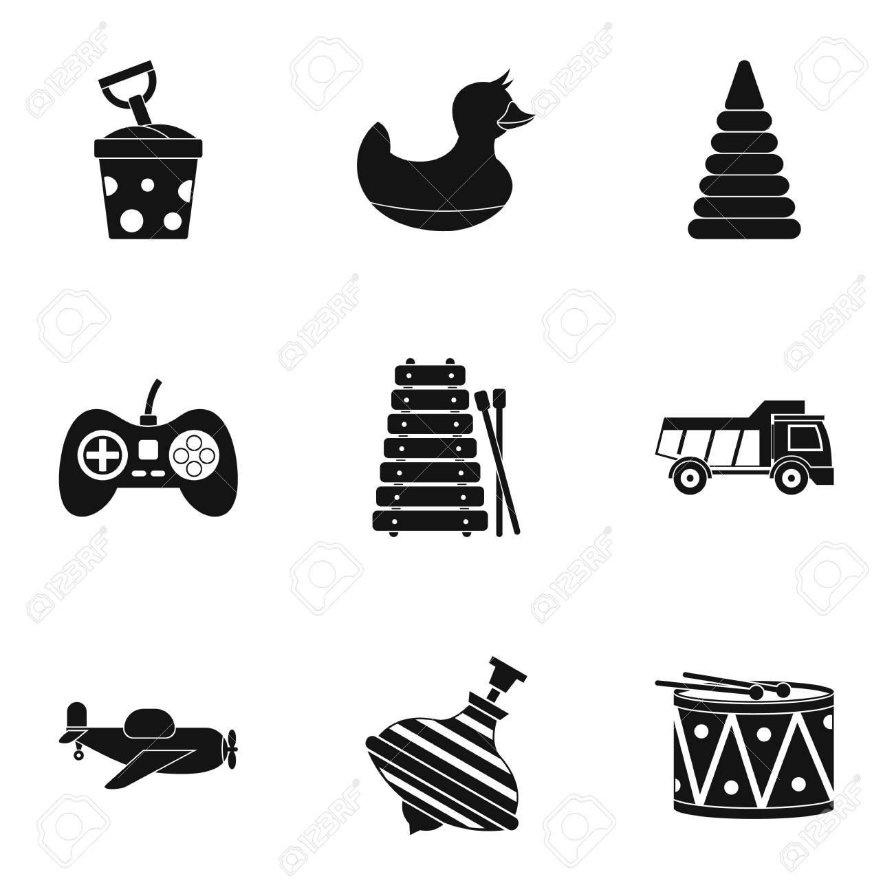 さまざまな子供たちのおもちゃアイコンを設定 9 別のシンプルなスタイル セット キッズ Web は 白い背景で隔離のおもちゃベクトル アイコンのイラスト素材 ベクタ Image