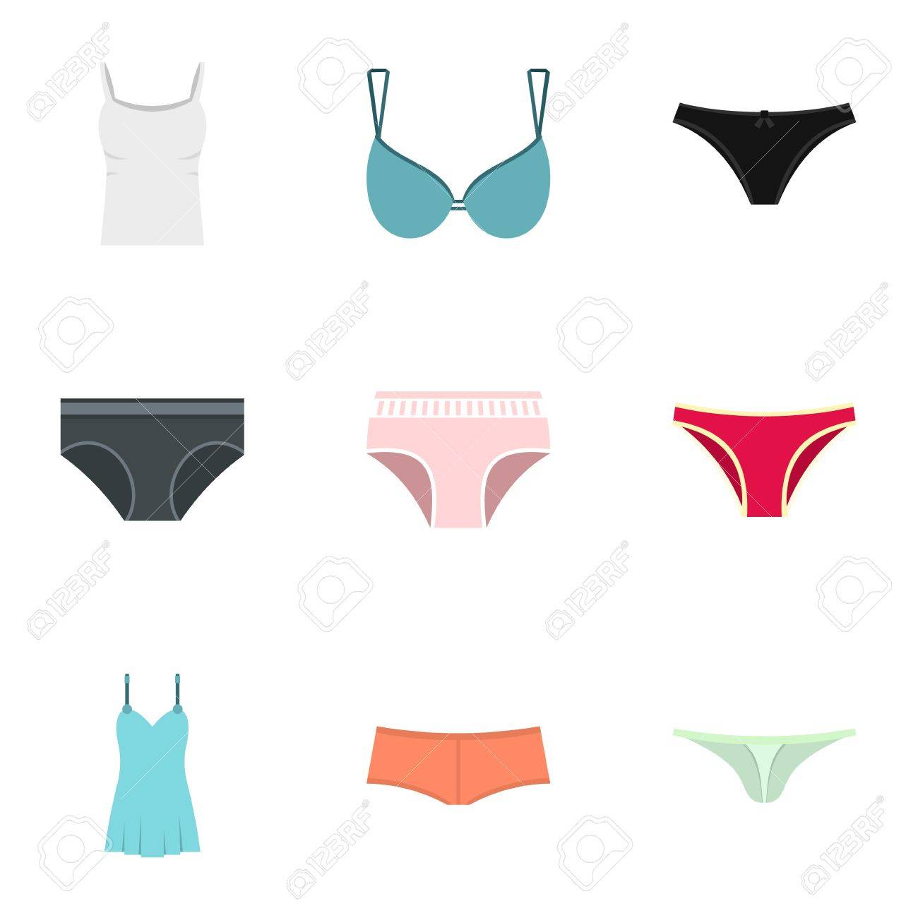 Female Underwear Icon Set Flat Style Set Of 9 Underwear Vector Royalty Free Cliparts Vectors And Stock Illustration Image 83531685