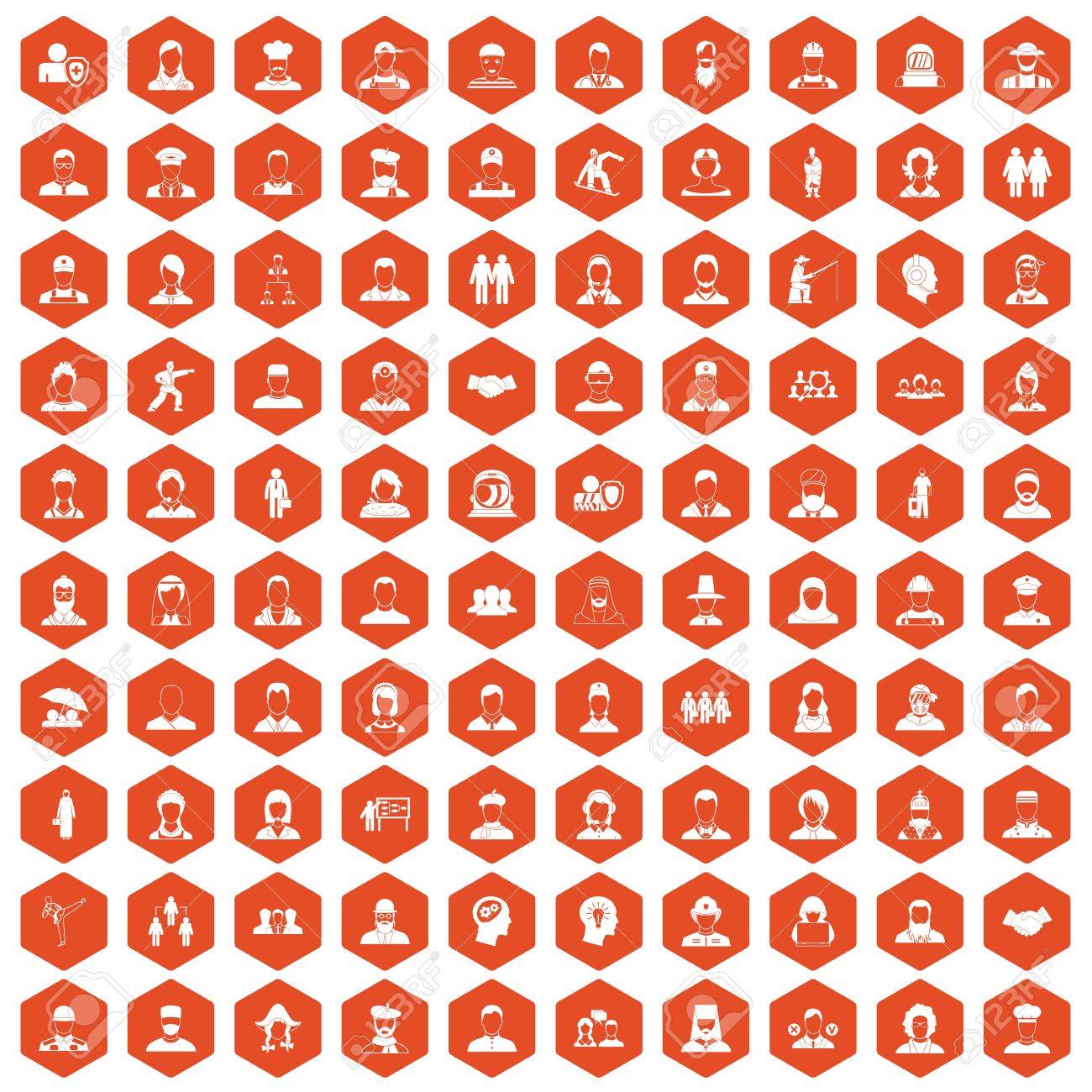 分離されたオレンジ色の六角形のベクトル図に 100 人のアイコンを設定します のイラスト素材 ベクタ Image