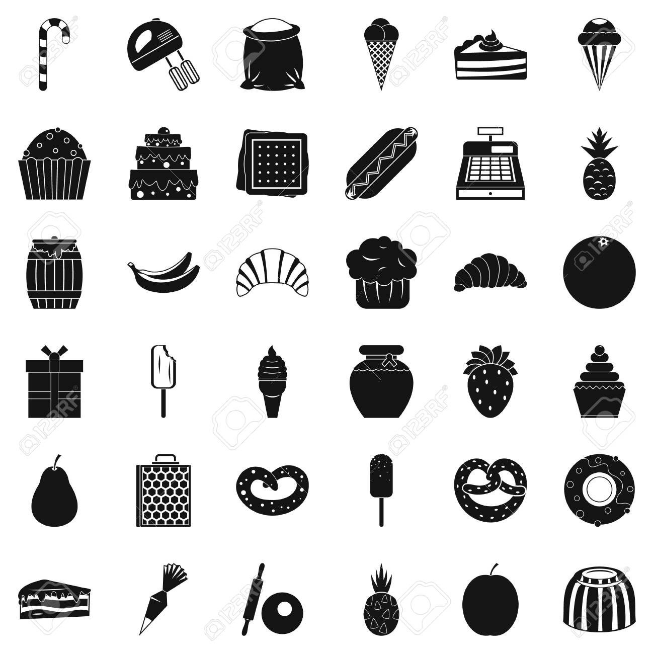 甘いお菓子のアイコンを設定します Web は 白い背景で隔離のための 36 の甘いお菓子ベクトルのアイコンのシンプルなスタイルのイラスト素材 ベクタ Image