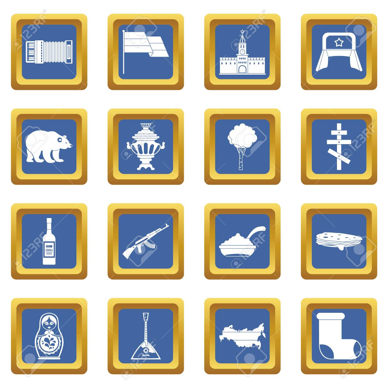 russia icons set in blue color isolated vector illustration for