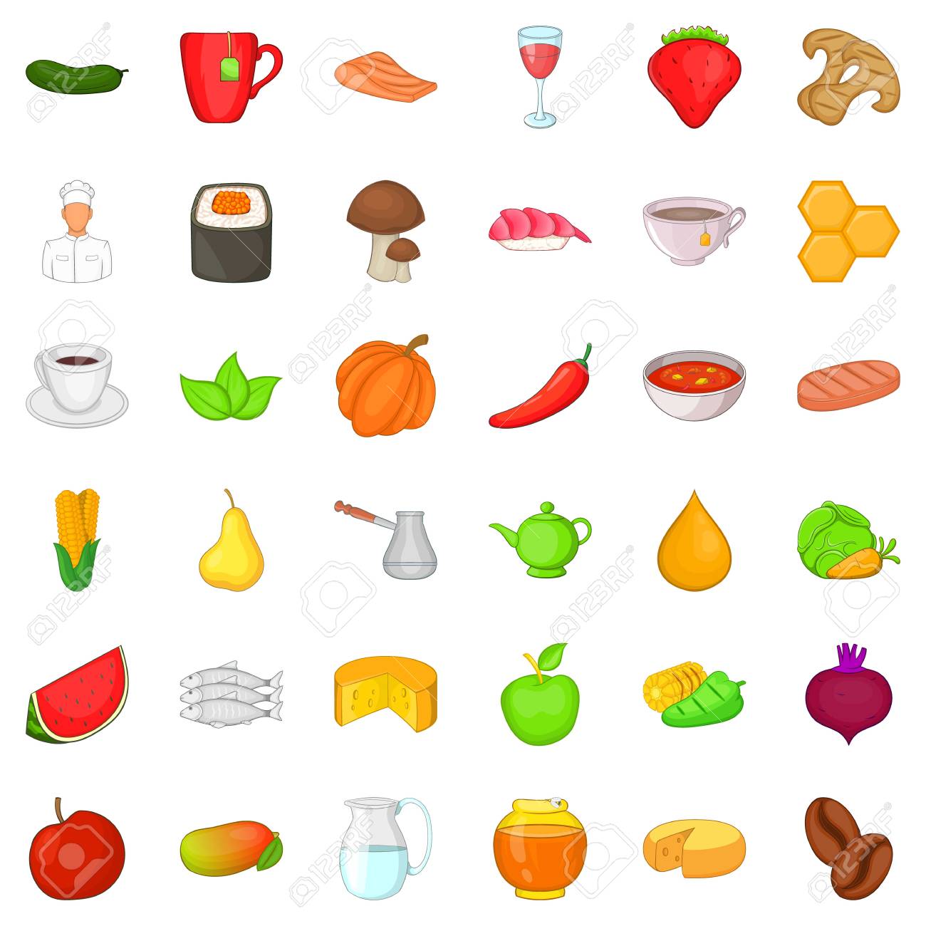 Nourriture Pour Les Icones De Regime Alimentaire Style De Dessin Anime De 36 Nourriture Pour Les Icones Vectorielles De Regime Pour Le Web Isole Sur Fond Blanc Clip Art Libres De Droits