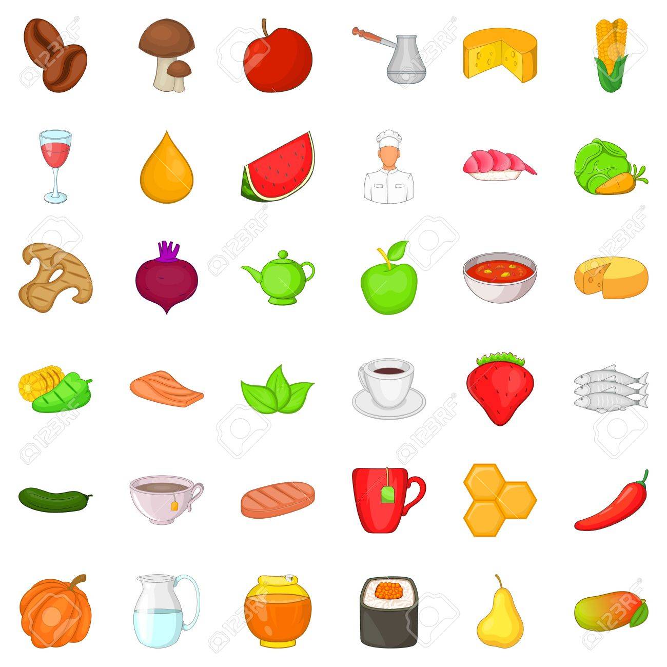 Ensemble D Icones De Regime Alimentaire Sain Style De Dessin Anime De 36 Icones Vectorielles Alimentation Saine Pour Le Web Isole Sur Fond Blanc Clip Art Libres De Droits Vecteurs Et Illustration