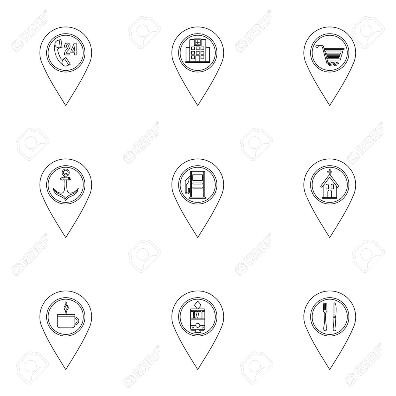 map pins icon set outline set of 9 map pins vector icons for