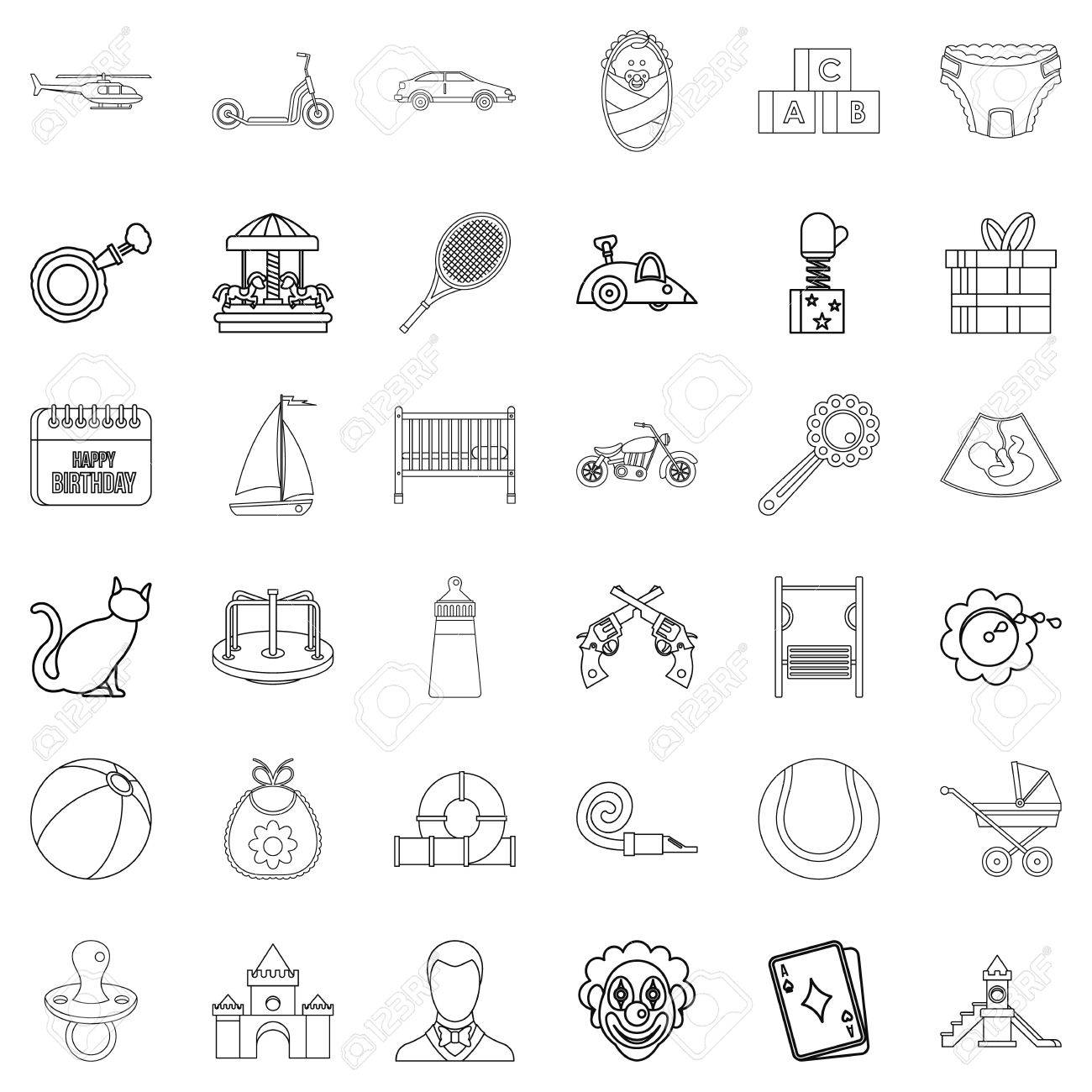 子供たちはおもちゃアイコン セットです Web は 白い背景で隔離の 36 の子供グッズ ベクトルのアイコンのスタイルを概要します のイラスト素材 ベクタ Image