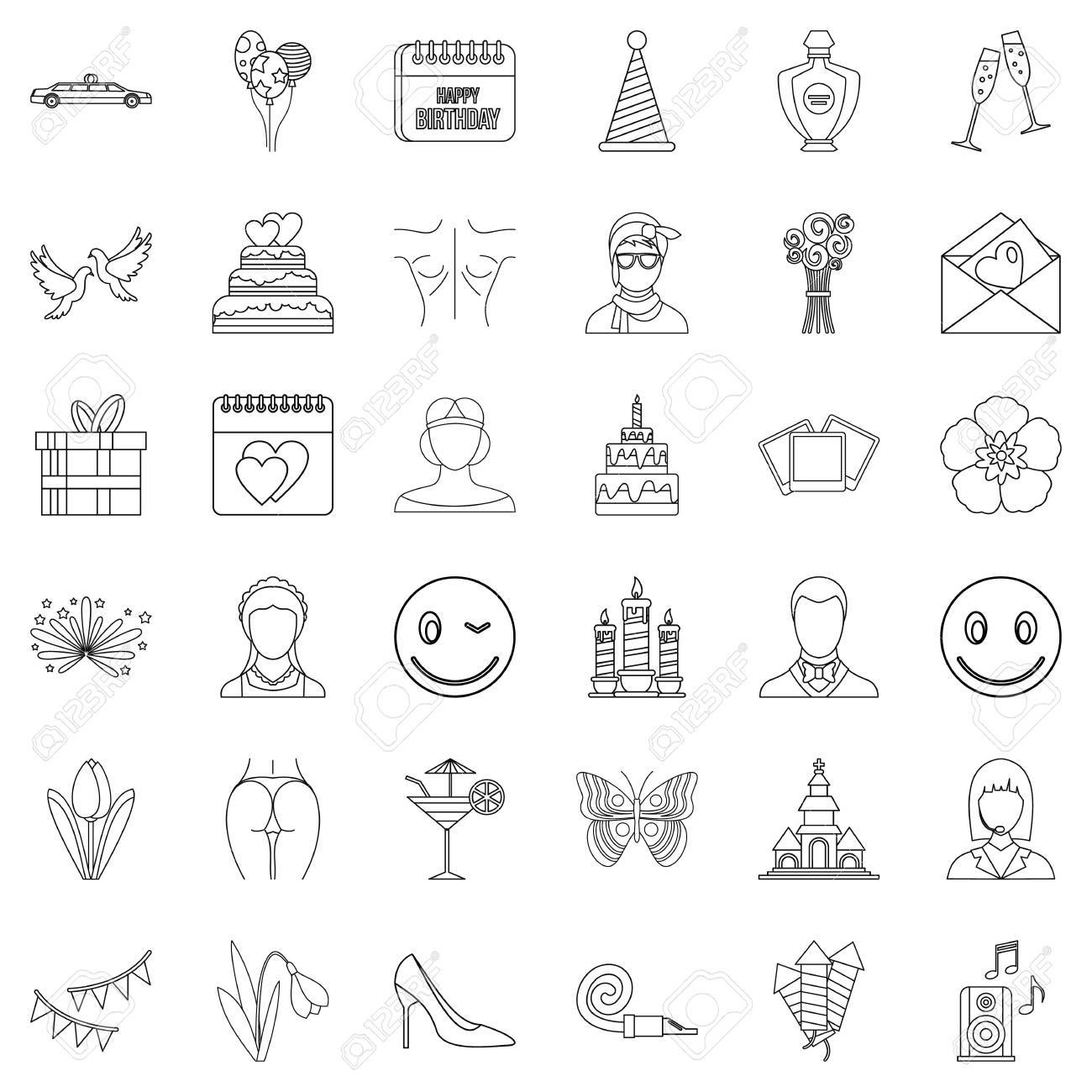 誕生日のアイコンを設定します Web は 白い背景で隔離のための 36 の誕生日ベクトルのアイコンのアウトラインのスタイルのイラスト素材 ベクタ Image